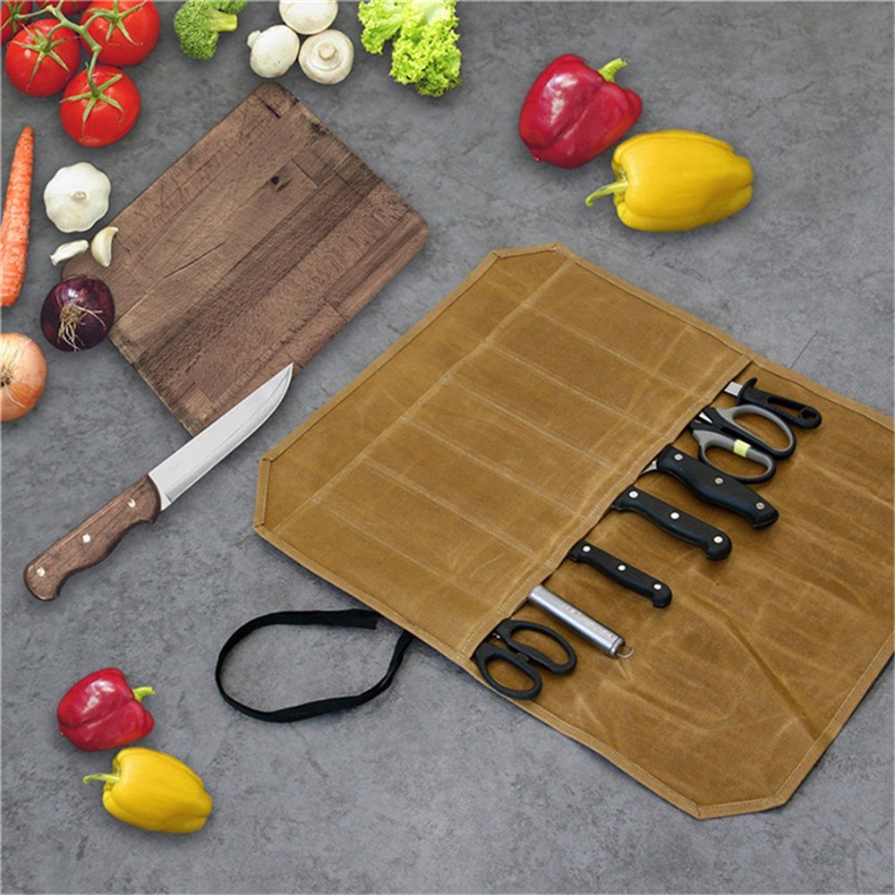 Chef’s Knife Roll Bag,Waxed Canvas Knife Cultery Carrier, Portable Chef Knife Cases,Knife Pouch Holders Pockets Can Hold Home Kitchen Knife Tools - Image 4