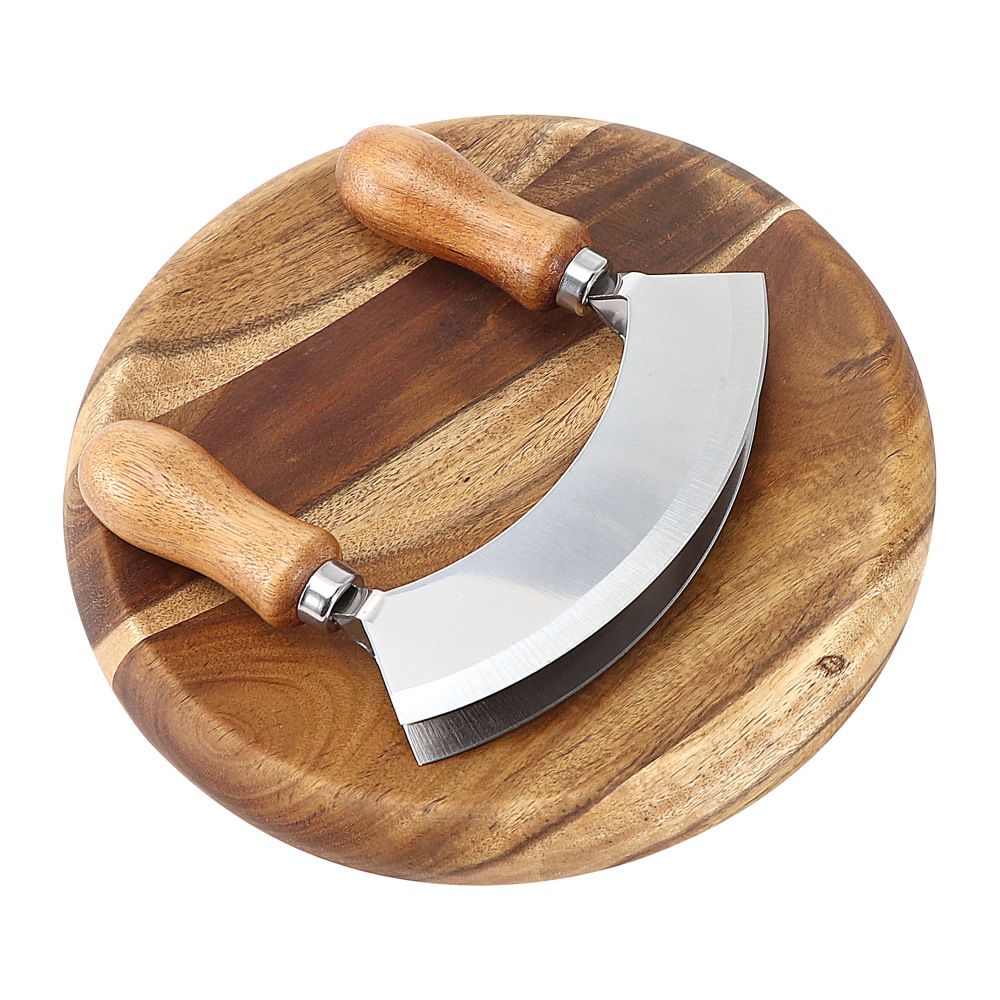 Cutting Board &  Knife - Wooden Chopping Board & 2-Bladed Curved Herb Cutter - Round Wood Board & Double Blade Rocker Chopper - Image 1