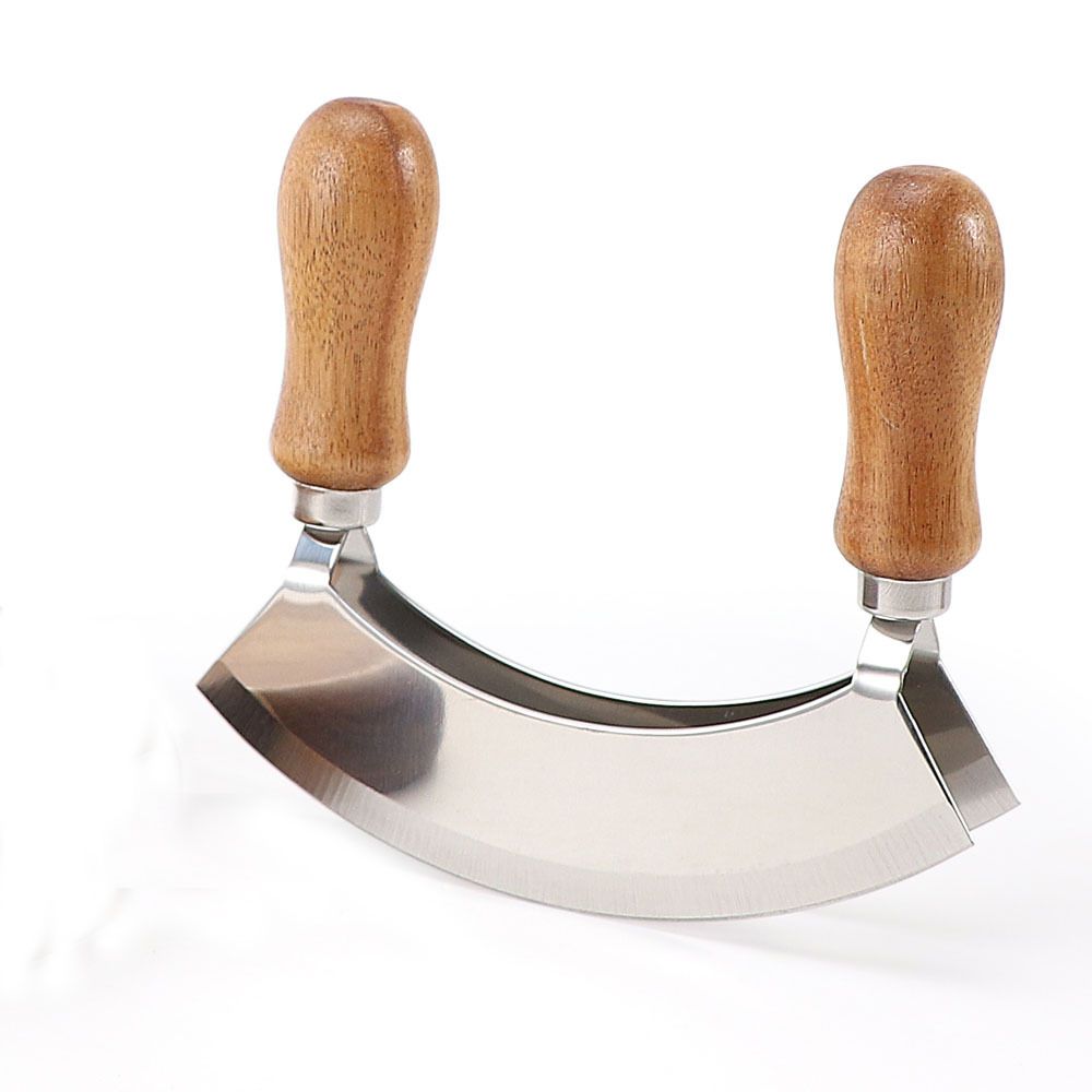 Cutting Board &  Knife - Wooden Chopping Board & 2-Bladed Curved Herb Cutter - Round Wood Board & Double Blade Rocker Chopper - Image 2