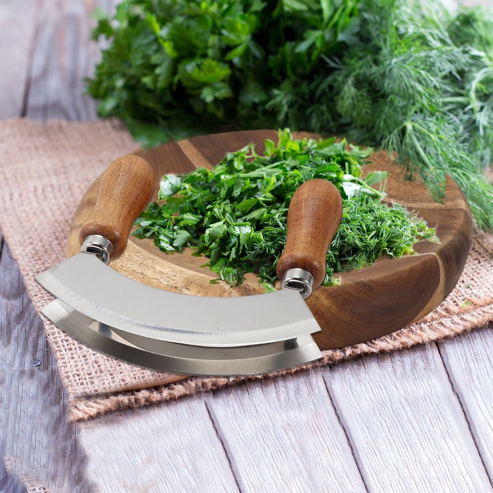 Cutting Board &  Knife - Wooden Chopping Board & 2-Bladed Curved Herb Cutter - Round Wood Board & Double Blade Rocker Chopper - Image 3