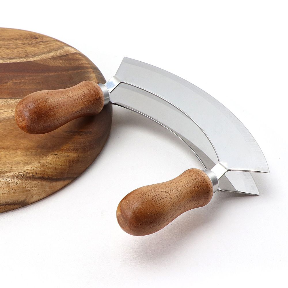 Cutting Board &  Knife - Wooden Chopping Board & 2-Bladed Curved Herb Cutter - Round Wood Board & Double Blade Rocker Chopper - Image 4
