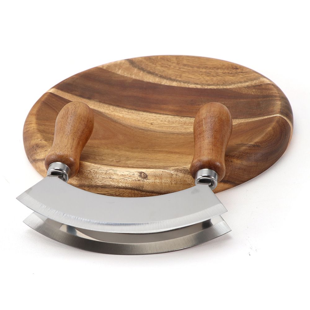 Cutting Board &  Knife - Wooden Chopping Board & 2-Bladed Curved Herb Cutter - Round Wood Board & Double Blade Rocker Chopper - Image 5