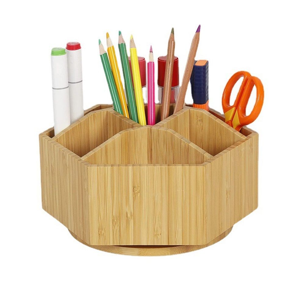 walowalo Bamboo Rotating Art Supply Organizer Holds  Pencils Spinning Crayon Marker Organzier Holder Christmas Gift Desk Brush Storage for Office Classroom Organization Stationary - Image 1