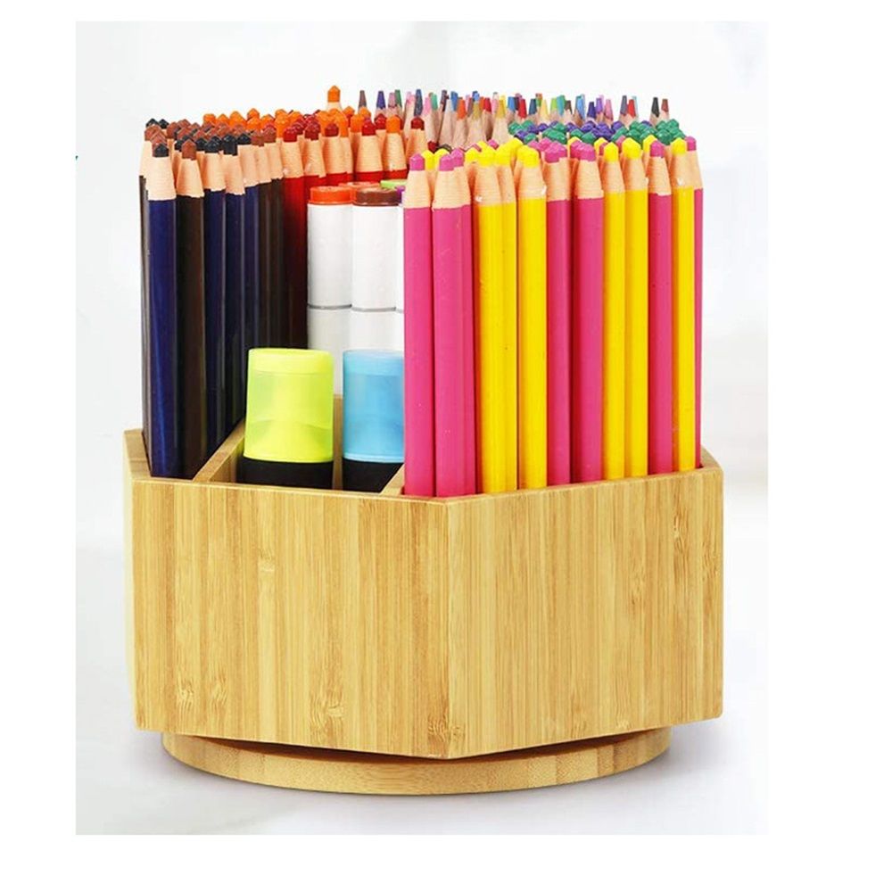 walowalo Bamboo Rotating Art Supply Organizer Holds  Pencils Spinning Crayon Marker Organzier Holder Christmas Gift Desk Brush Storage for Office Classroom Organization Stationary - Image 2