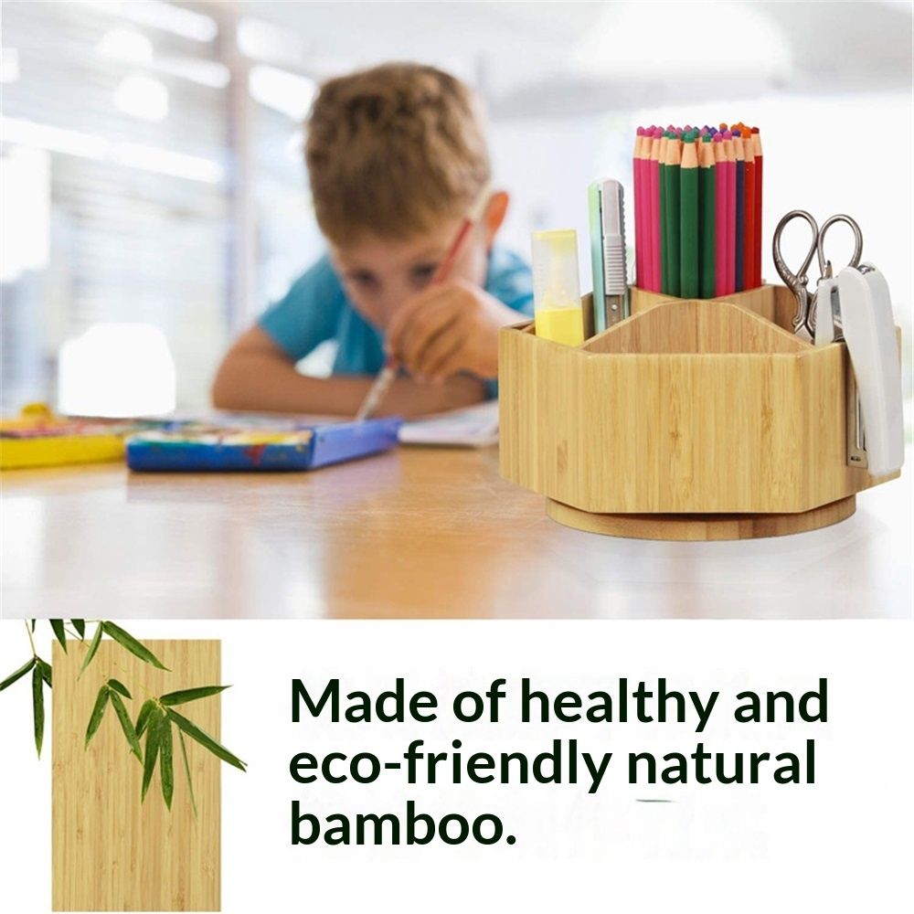 walowalo Bamboo Rotating Art Supply Organizer Holds  Pencils Spinning Crayon Marker Organzier Holder Christmas Gift Desk Brush Storage for Office Classroom Organization Stationary - Image 5