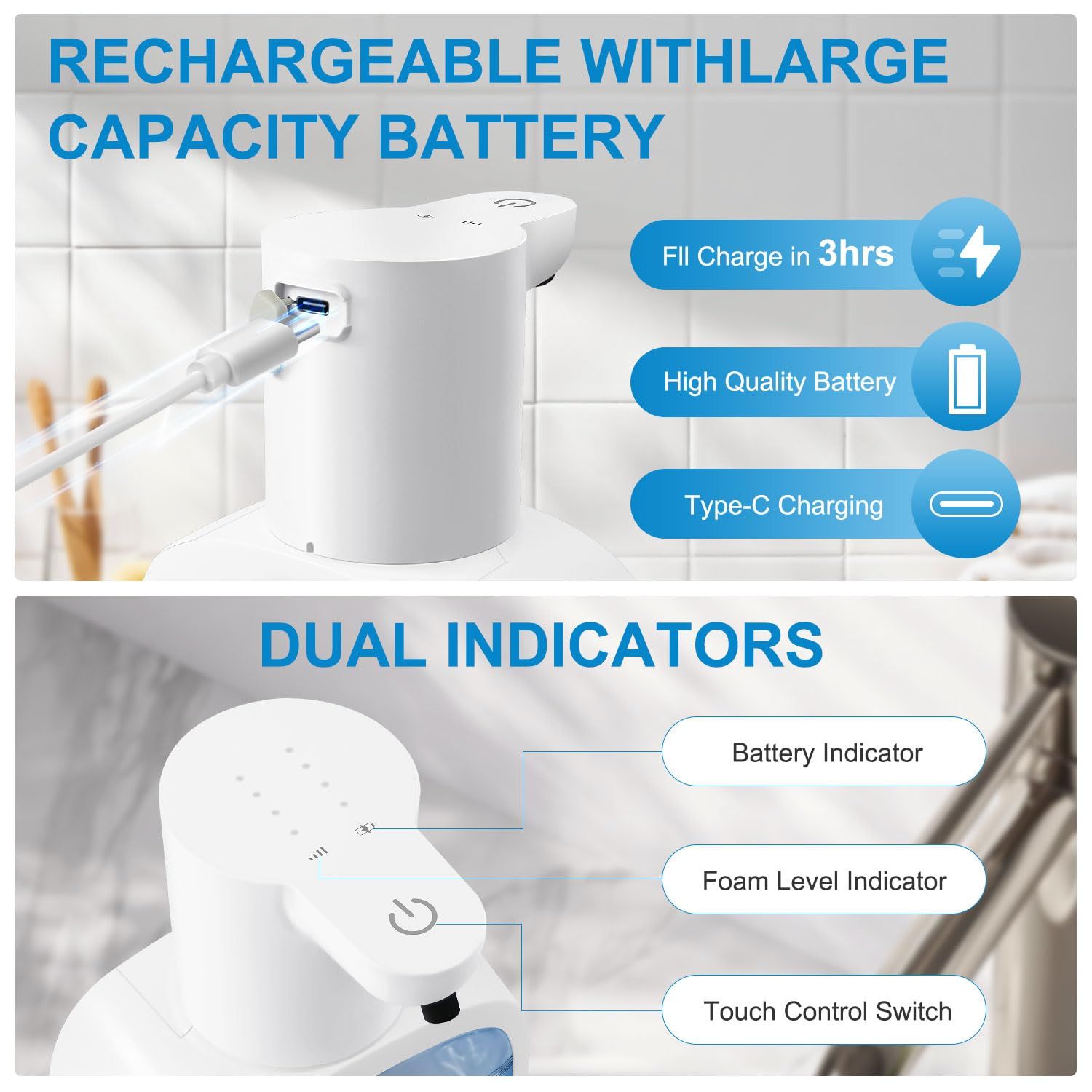 Automatic Foaming Soap Dispenser with 500ml/17oz Capacity, Touchless Soap Dispenser with 4 Level Adjustable, Rechargeable, Wall-Mounted, Waterproof for Kitchen, Bathroom, Hotel, Restaurant（Excluding liquids） - Image 2