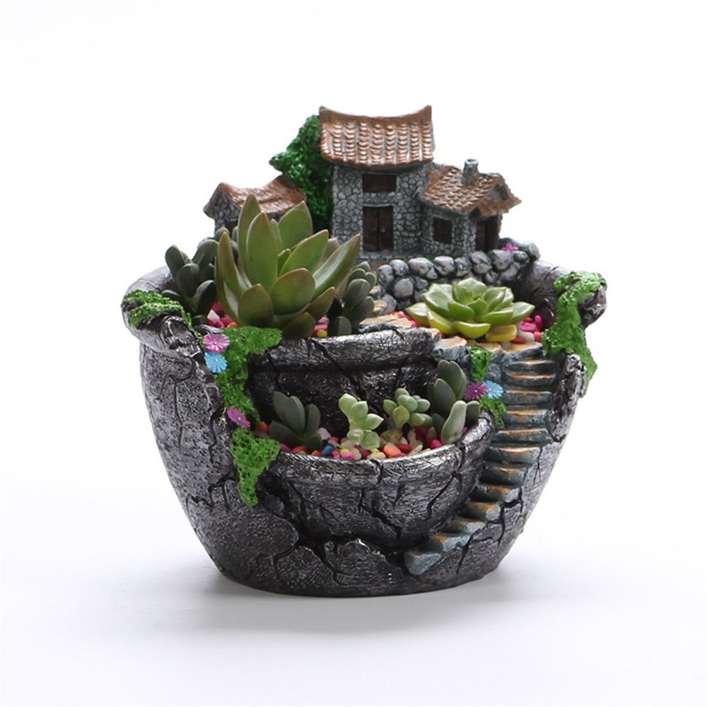 Fairy Garden Planter Plants Pot Tiny Creative Flowers Succulent Plants Fairy House Pot Holders Hanging Garden Design with Sweet House (Sliver) - Image 2