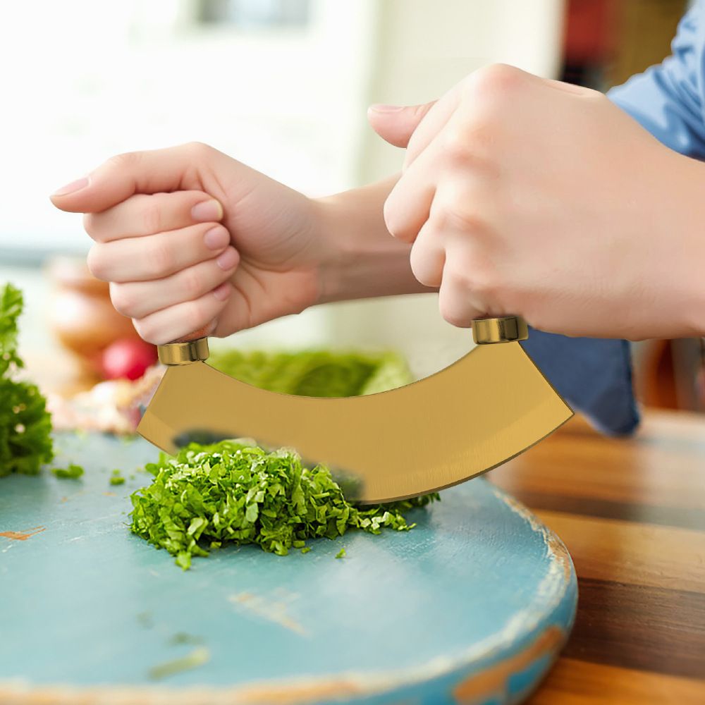 Kitchen Rocking Chopper And Mincing Knife With Double Handles, Stainless Steel, Rubberwood, For Herbs Vegetables Nuts And More - Image 2