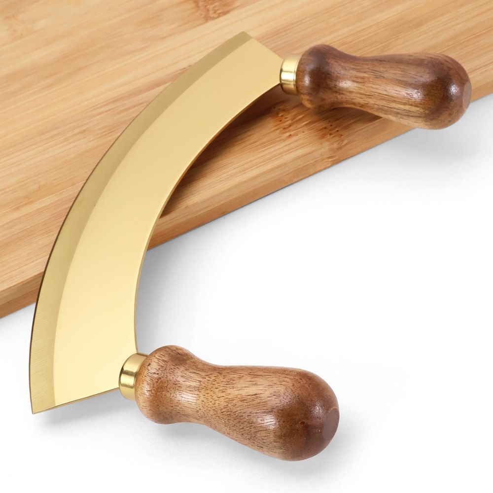 Kitchen Rocking Chopper And Mincing Knife With Double Handles, Stainless Steel, Rubberwood, For Herbs Vegetables Nuts And More - Image 4
