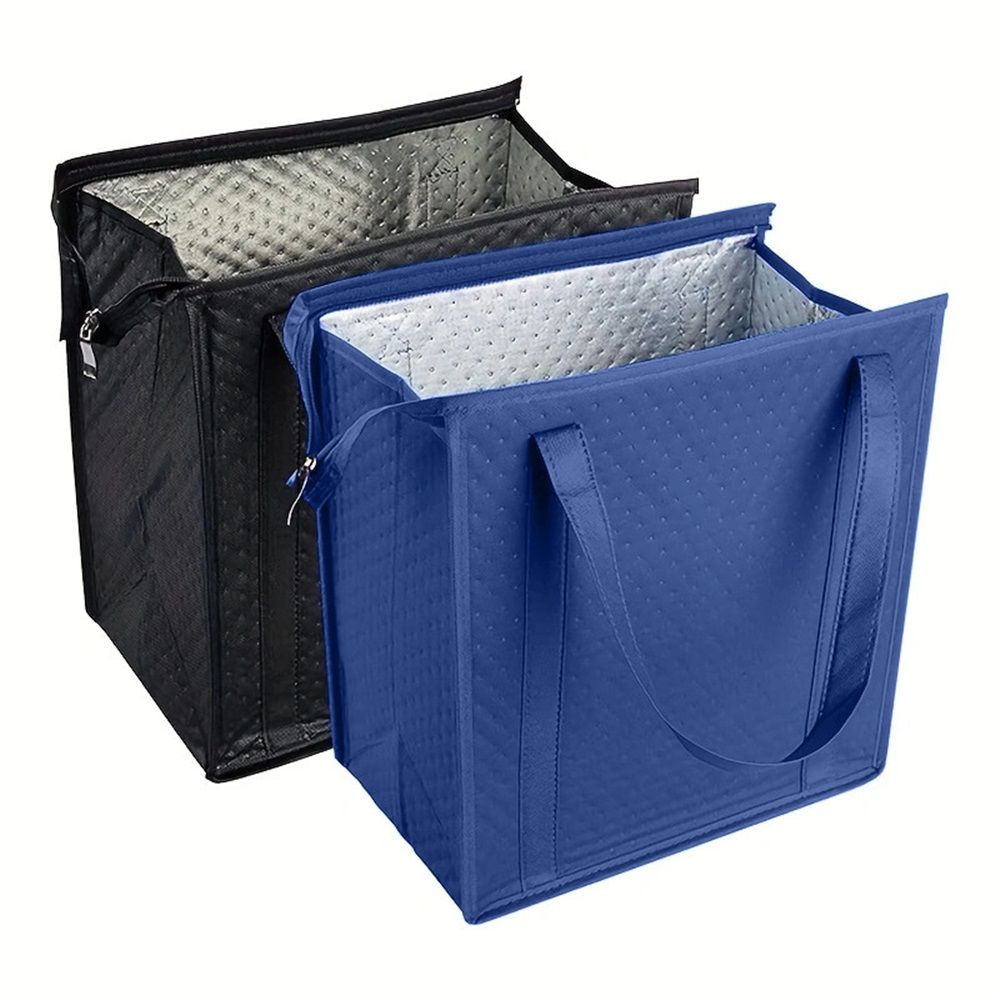 2pcs Large Capacity Heavy Duty Insulated Shopping Bag 6.9-liter folding insulation bag, refrigerated bag, non-woven food delivery insulation bag（black+blue） - Image 1