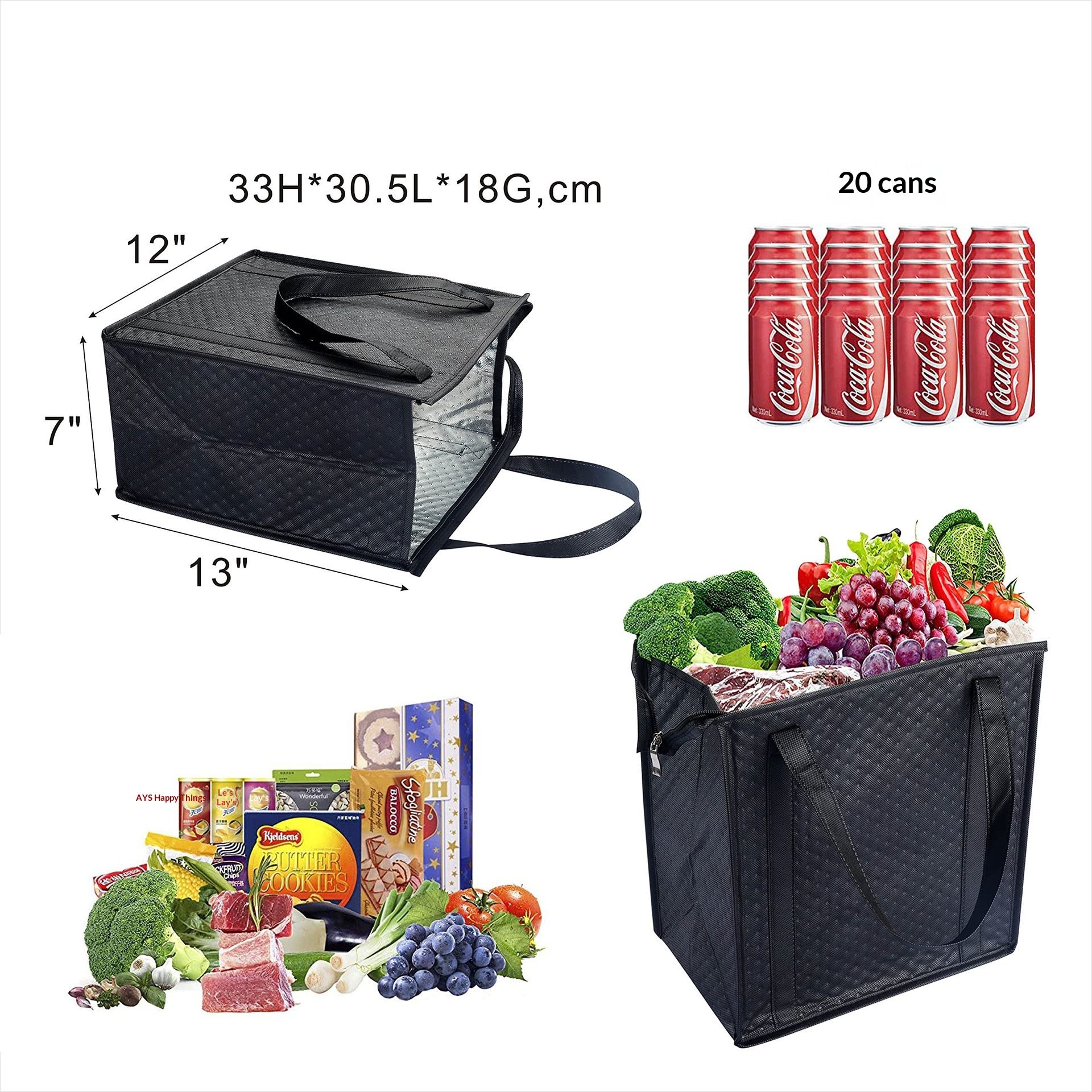 2pcs Large Capacity Heavy Duty Insulated Shopping Bag 6.9-liter folding insulation bag, refrigerated bag, non-woven food delivery insulation bag（black+blue） - Image 5