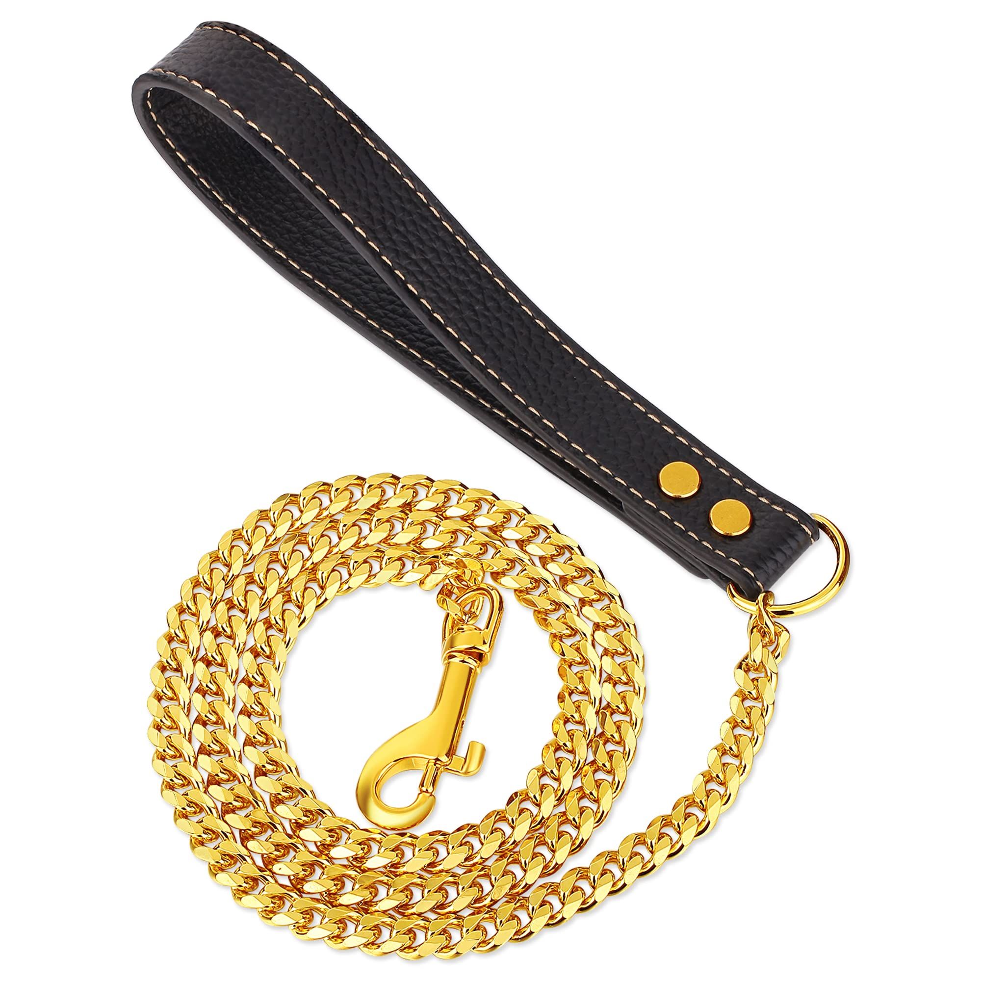 Dog Chain Leather Gold Dog Leather 4FT Stainless Steel 10mm Cuban Chain Dog Leather with Comfortable Handle, Suitable for Small, Medium and Large Dogs - Image 1