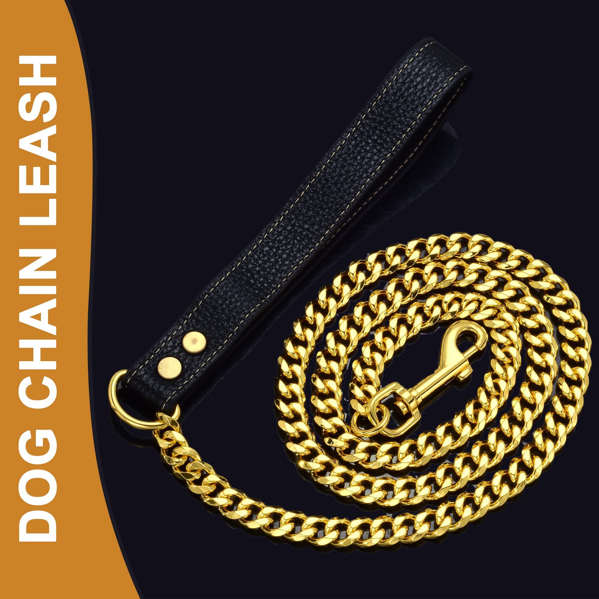 Dog Chain Leather Gold Dog Leather 4FT Stainless Steel 10mm Cuban Chain Dog Leather with Comfortable Handle, Suitable for Small, Medium and Large Dogs - Image 2