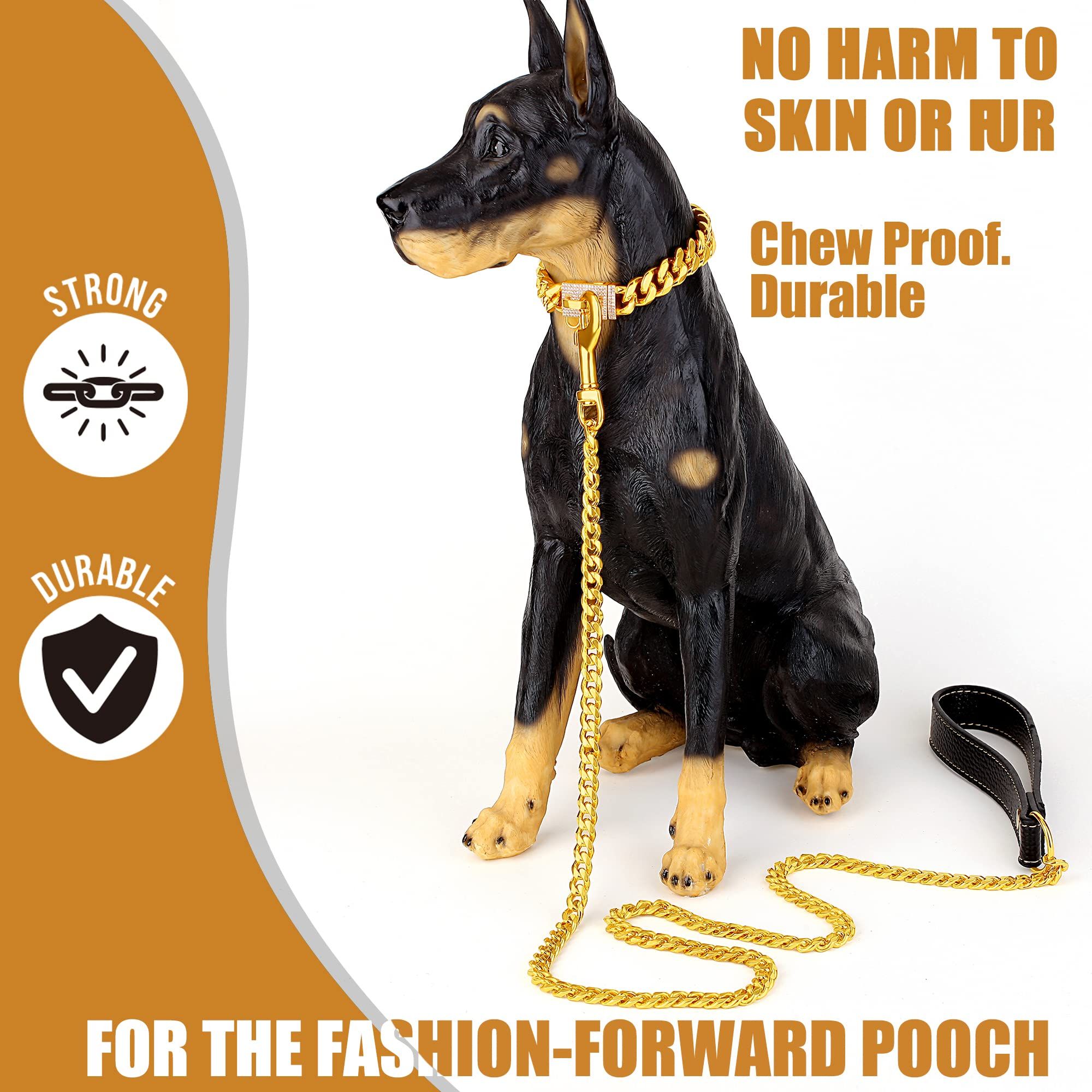 Dog Chain Leather Gold Dog Leather 4FT Stainless Steel 10mm Cuban Chain Dog Leather with Comfortable Handle, Suitable for Small, Medium and Large Dogs - Image 3