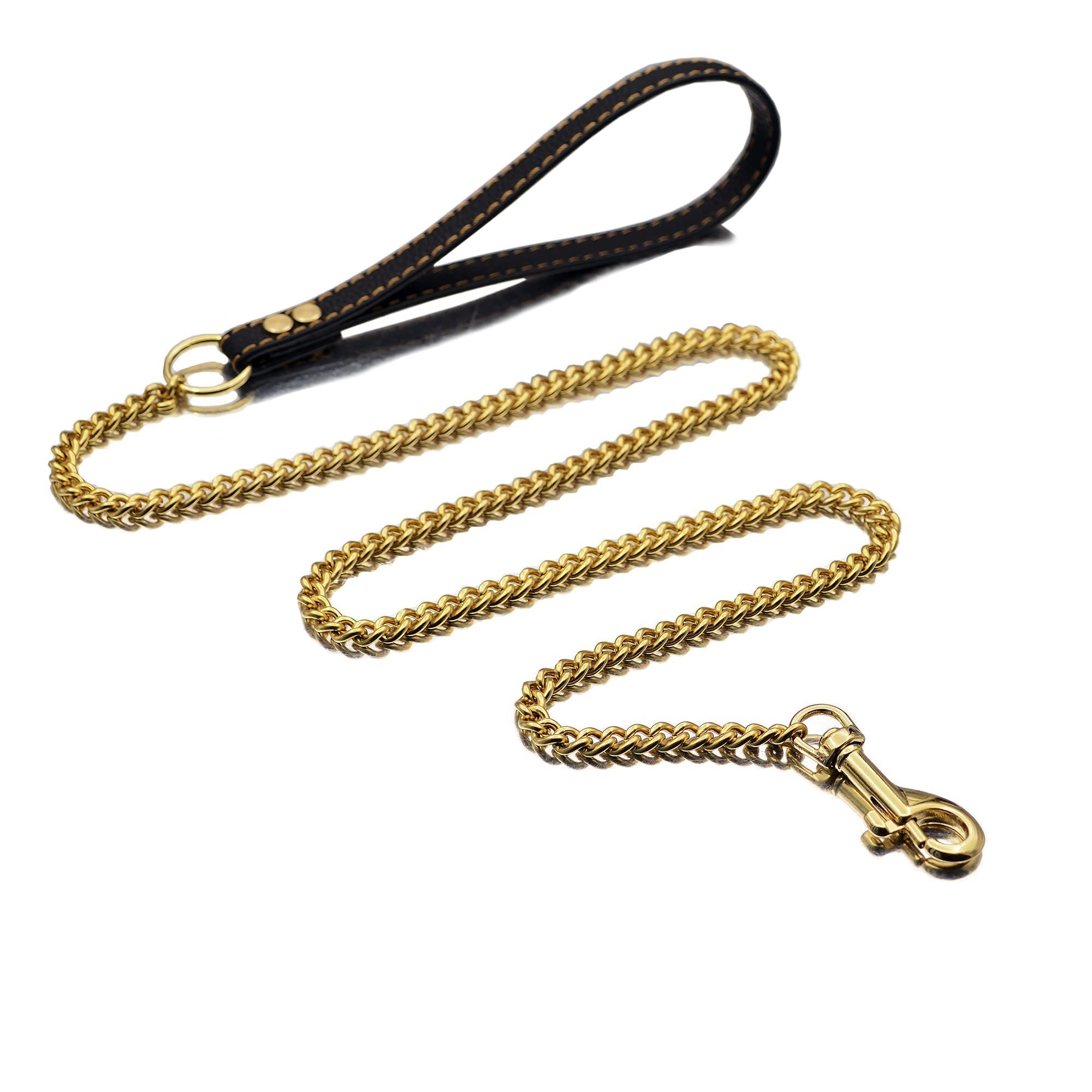 Dog Chain Leather Gold Dog Leather 4FT Stainless Steel 10mm Cuban Chain Dog Leather with Comfortable Handle, Suitable for Small, Medium and Large Dogs - Image 4