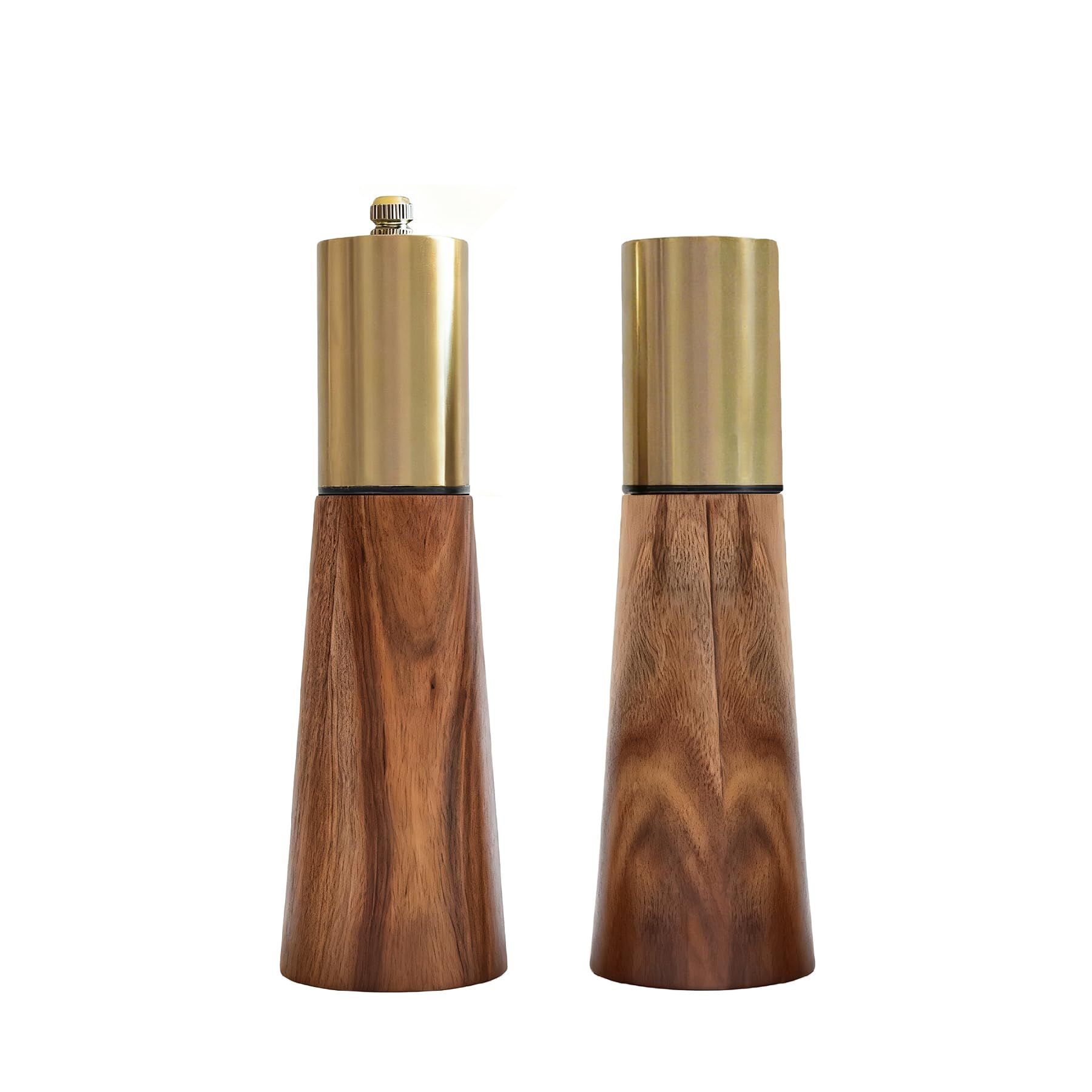 2pcs Salt and Pepper Grinder Set, Acacia Wooden Pepper Grinder with Adjustable Coarseness, Refillable Ceramic Blade Grind,Gold Pepper Mill for Kitchen - Image 1