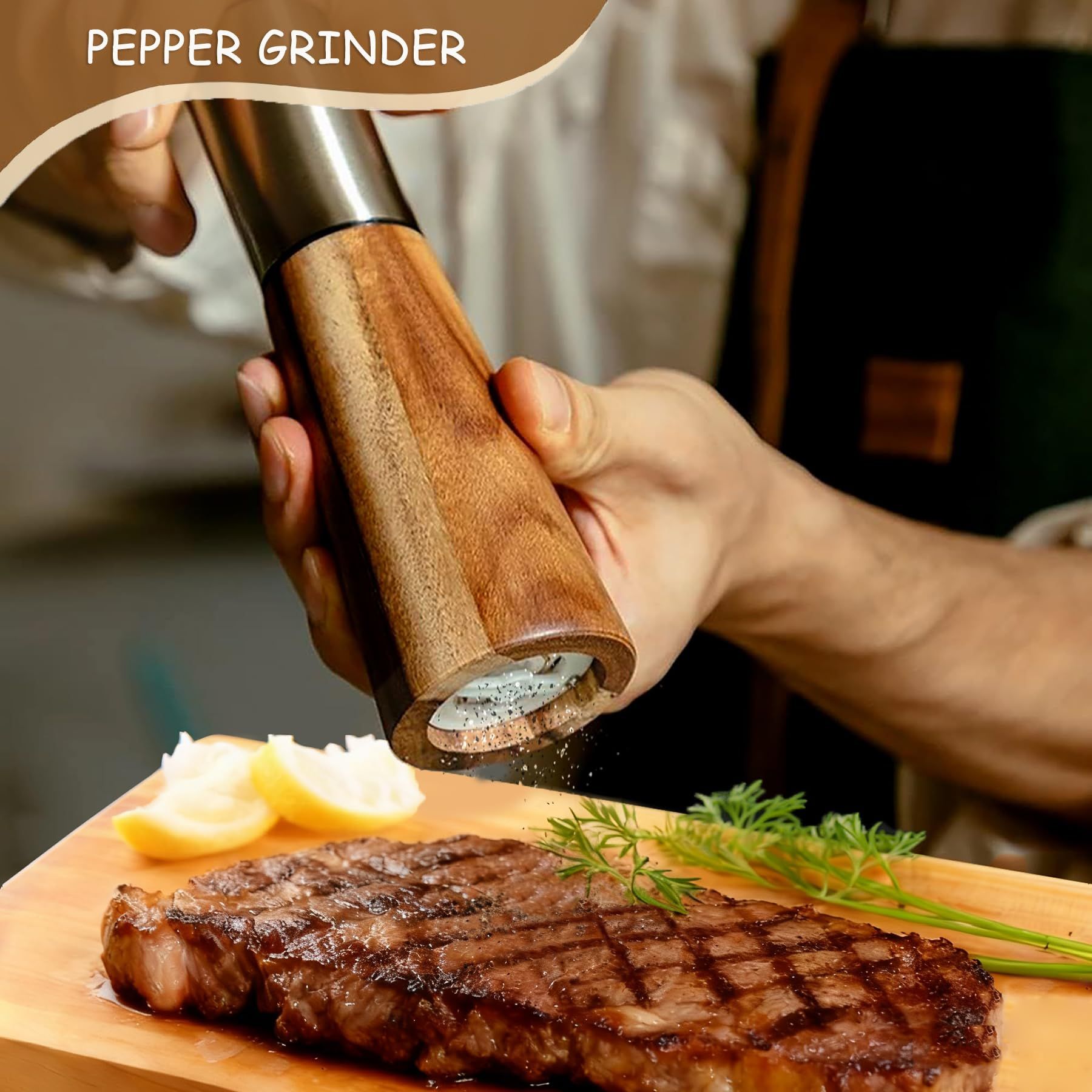 2pcs Salt and Pepper Grinder Set, Acacia Wooden Pepper Grinder with Adjustable Coarseness, Refillable Ceramic Blade Grind,Gold Pepper Mill for Kitchen - Image 2