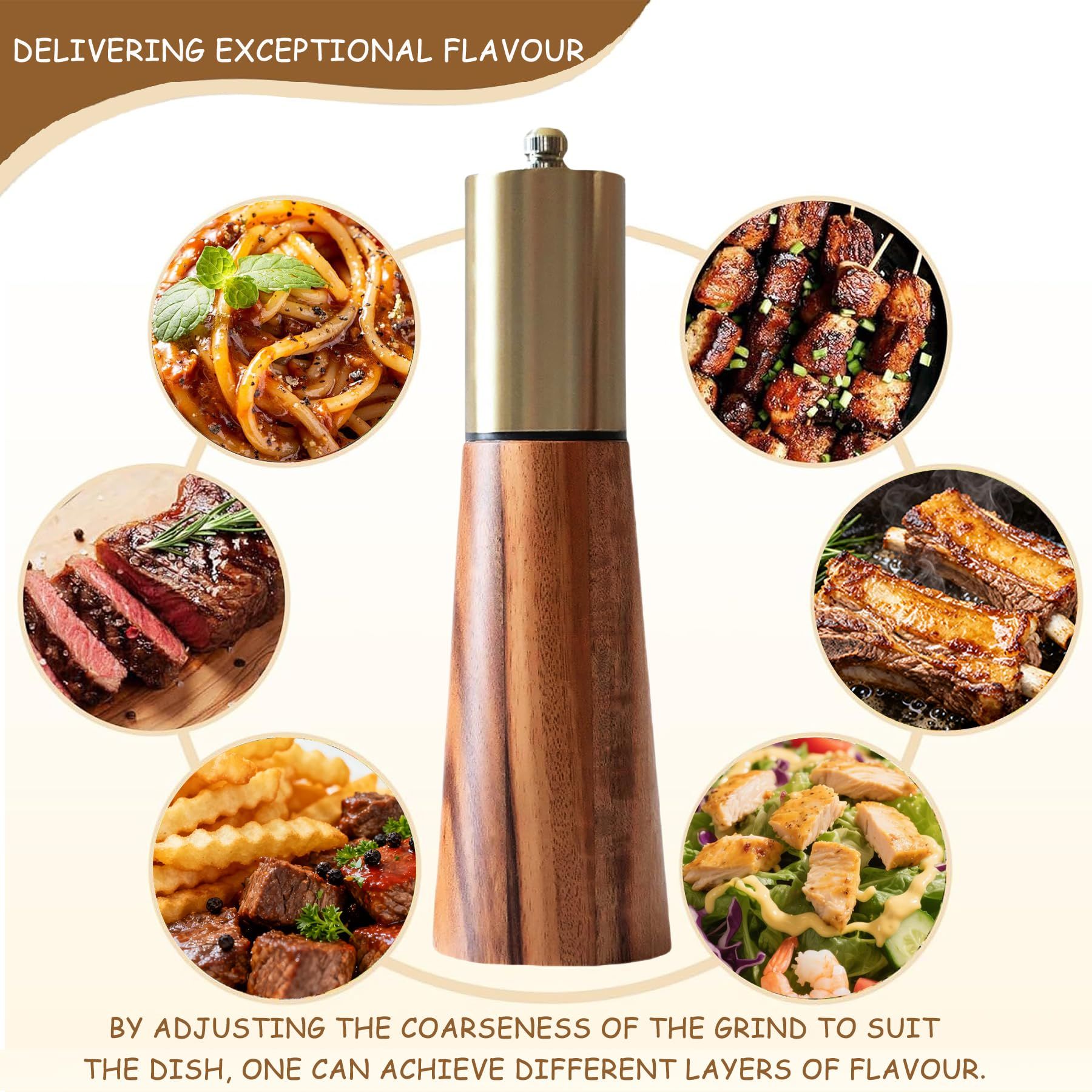 2pcs Salt and Pepper Grinder Set, Acacia Wooden Pepper Grinder with Adjustable Coarseness, Refillable Ceramic Blade Grind,Gold Pepper Mill for Kitchen - Image 4