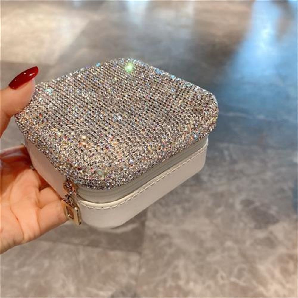 Luxury Rhinestone Jewelry Holder Pouch, Travel Portable PU leather Organizer Case w Compartments for Jewelry,Hair Pins - Image 2