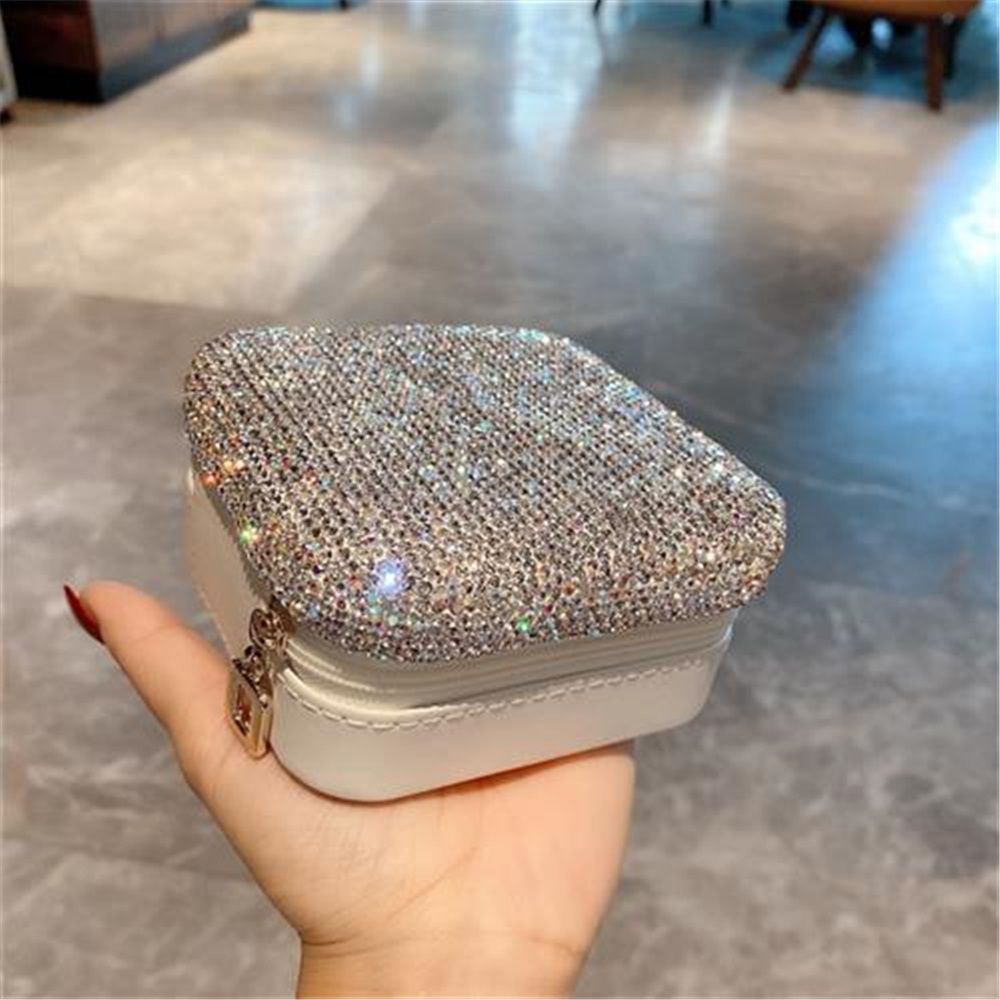 Luxury Rhinestone Jewelry Holder Pouch, Travel Portable PU leather Organizer Case w Compartments for Jewelry,Hair Pins - Image 5
