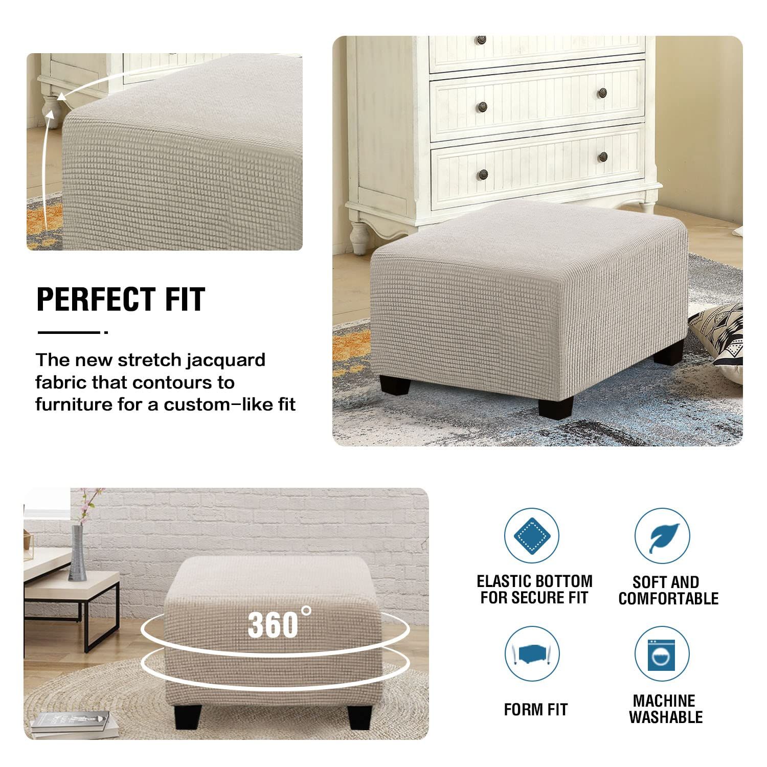 Square for Living Room Foot Stool Stretch Covers to Fit Foot Rest, Thick Checked Jacquard Fabric with Elastic Bottom (natural color) - Image 2