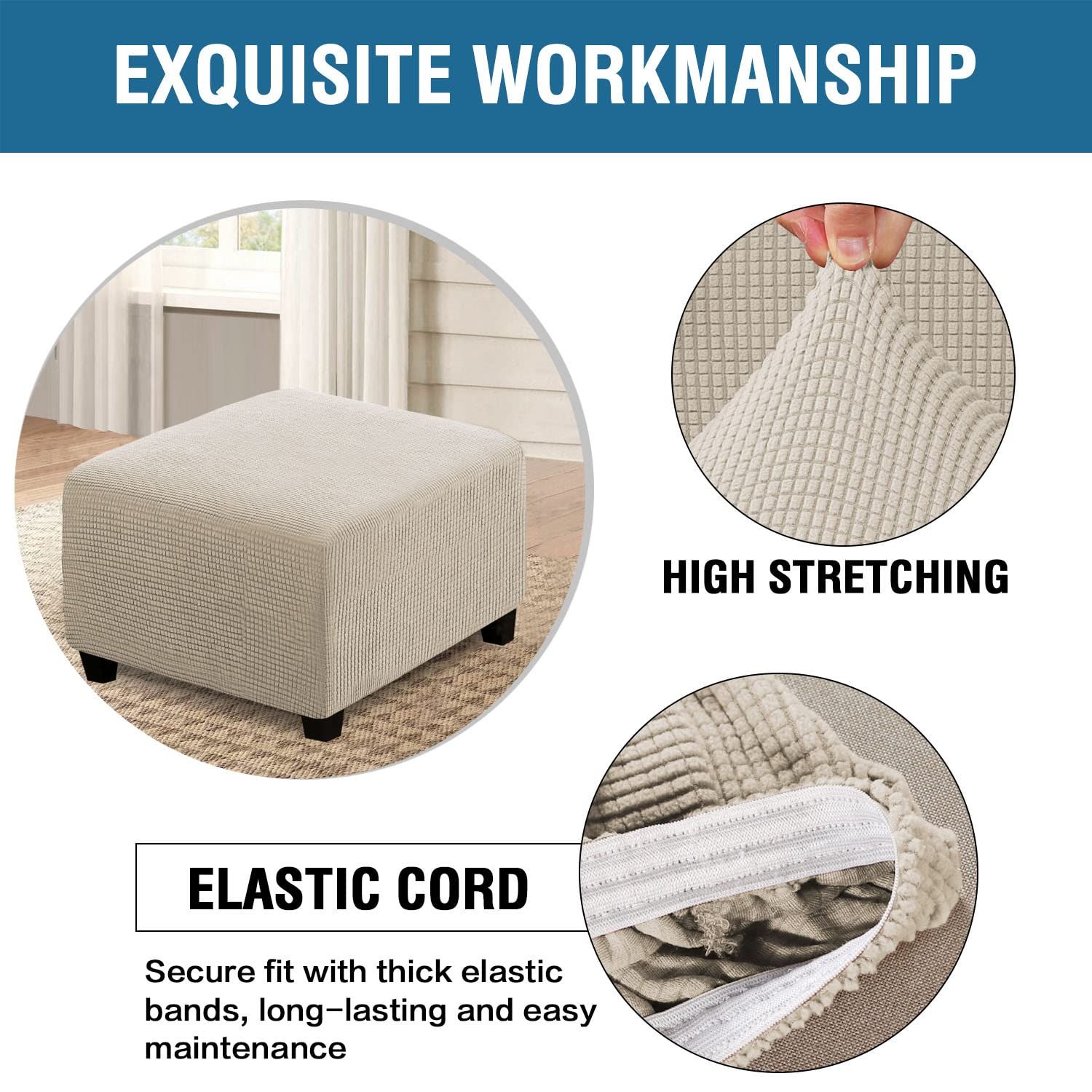 Square for Living Room Foot Stool Stretch Covers to Fit Foot Rest, Thick Checked Jacquard Fabric with Elastic Bottom (natural color) - Image 3