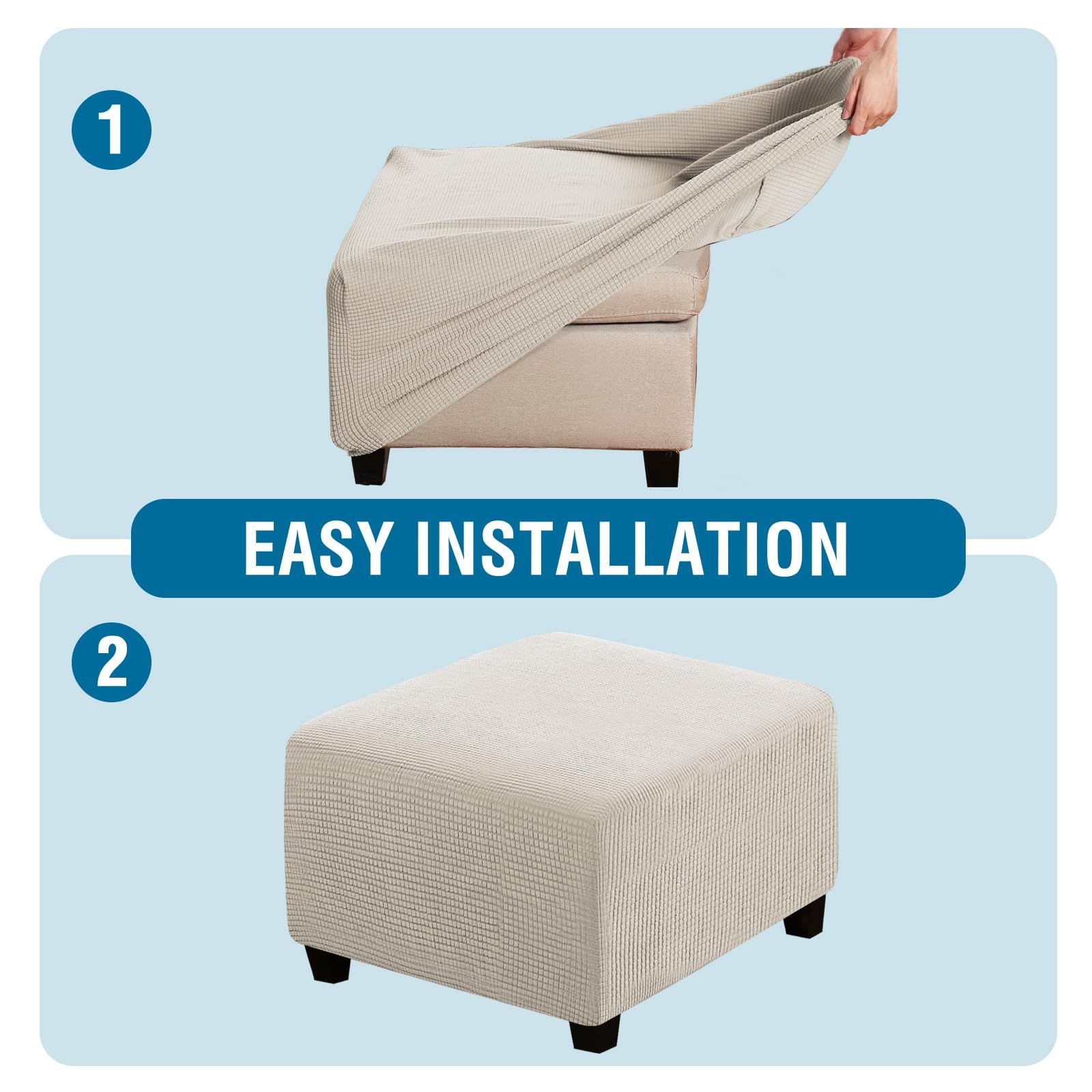 Square for Living Room Foot Stool Stretch Covers to Fit Foot Rest, Thick Checked Jacquard Fabric with Elastic Bottom (natural color) - Image 4