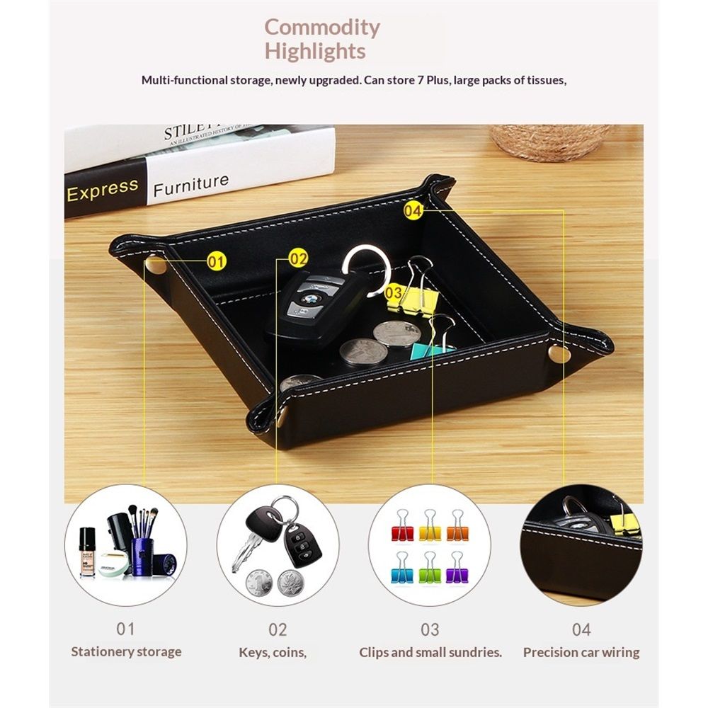 2 pack Premium Leather Tray for Men Jewelry Organizer, Desktop Storage,Key Wallets Cell Phones Tray Nightstand or Dresser Organizer Plate (Black) - Image 4