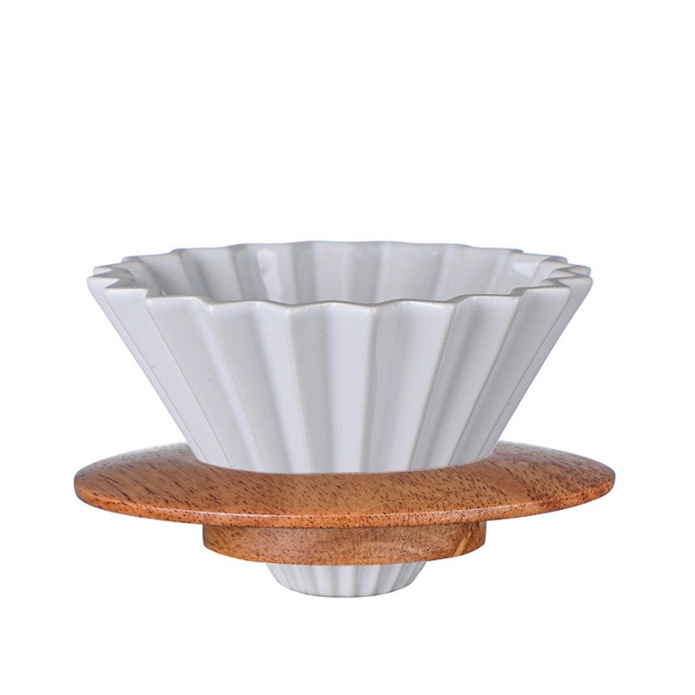 Ceramic Coffee Dripper Pour Over Coffee Maker with Wood Stand Elegant Flower Shape Filter,Slow Brewing Maker for Home Cafe - Image 1