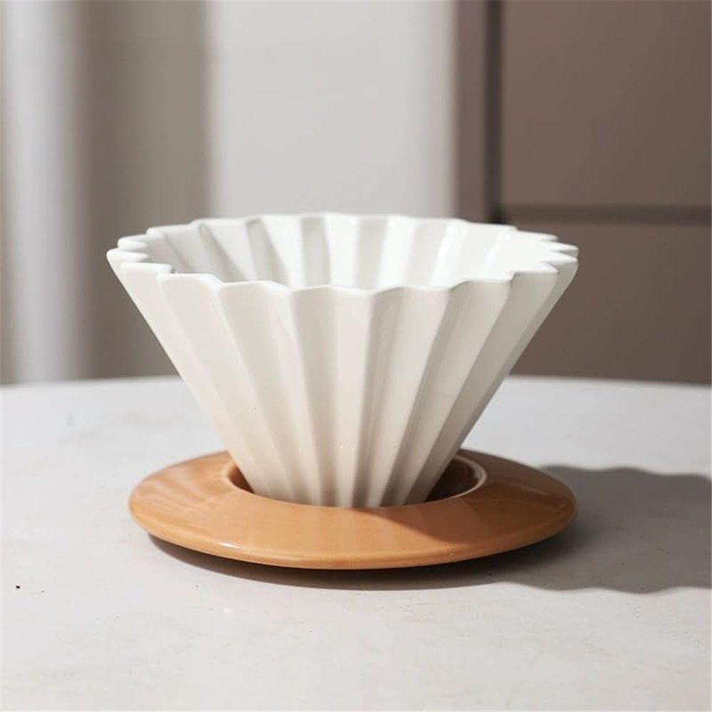 Ceramic Coffee Dripper Pour Over Coffee Maker with Wood Stand Elegant Flower Shape Filter,Slow Brewing Maker for Home Cafe - Image 2