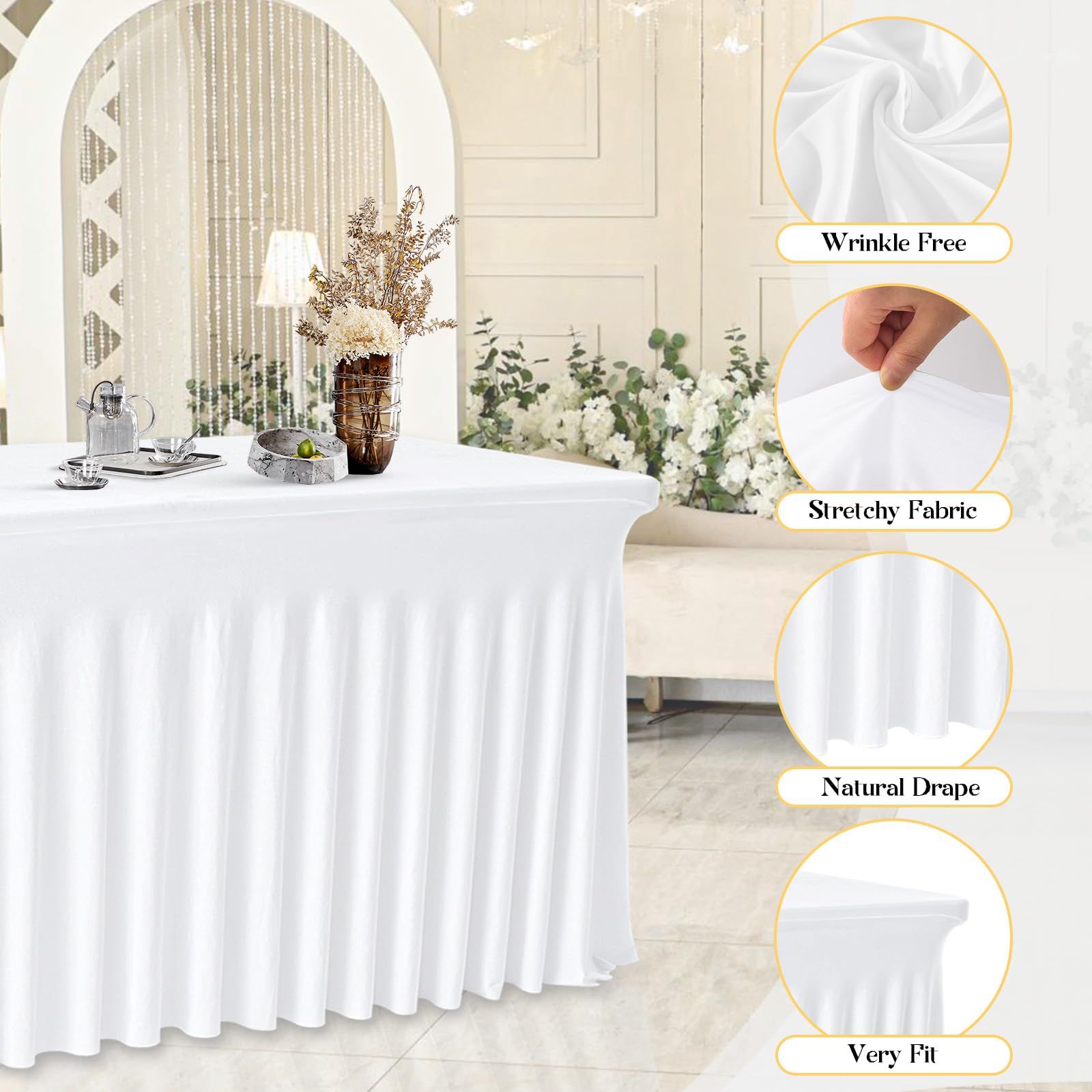 4FT White Rectangle Tablecloth with Elastic Table Skirt – Wrinkle-Free Spandex Stretch Fitted Table Cover for Wedding Birthday Party Banquet Buffet Restaurant Event（White） - Image 3