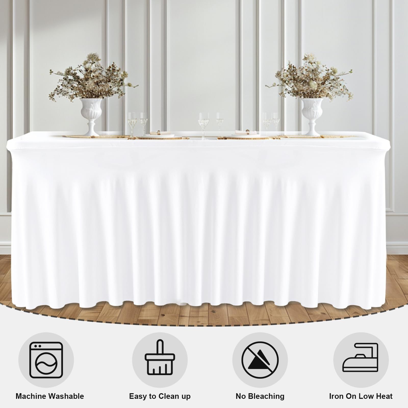 4FT White Rectangle Tablecloth with Elastic Table Skirt – Wrinkle-Free Spandex Stretch Fitted Table Cover for Wedding Birthday Party Banquet Buffet Restaurant Event（White） - Image 4