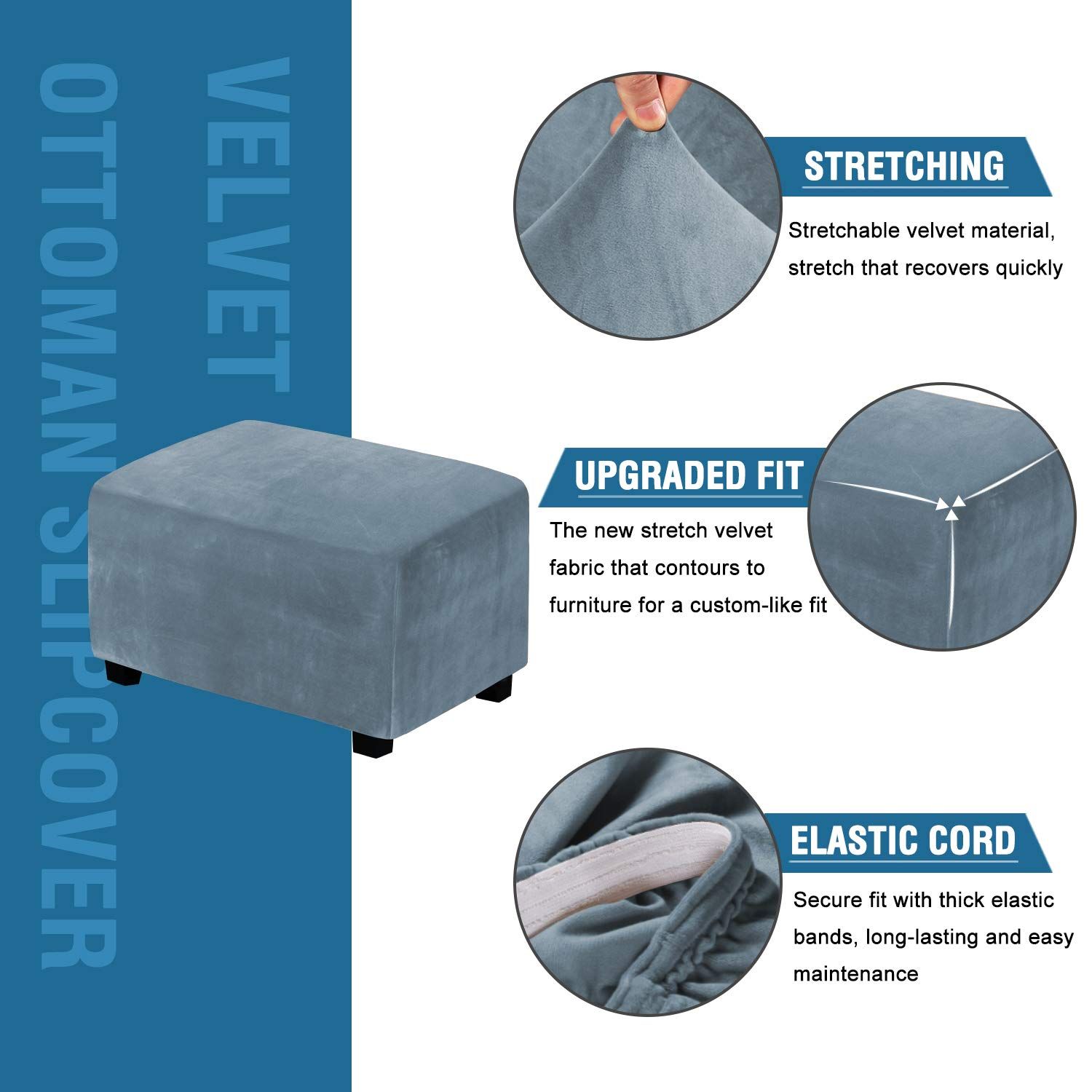 Stretch Rectangle  of Foot Stool for Living Room, Folding Storage Furniture Protector with Elastic Bottom, Machine Washable(Gray Blue, L) - Image 2