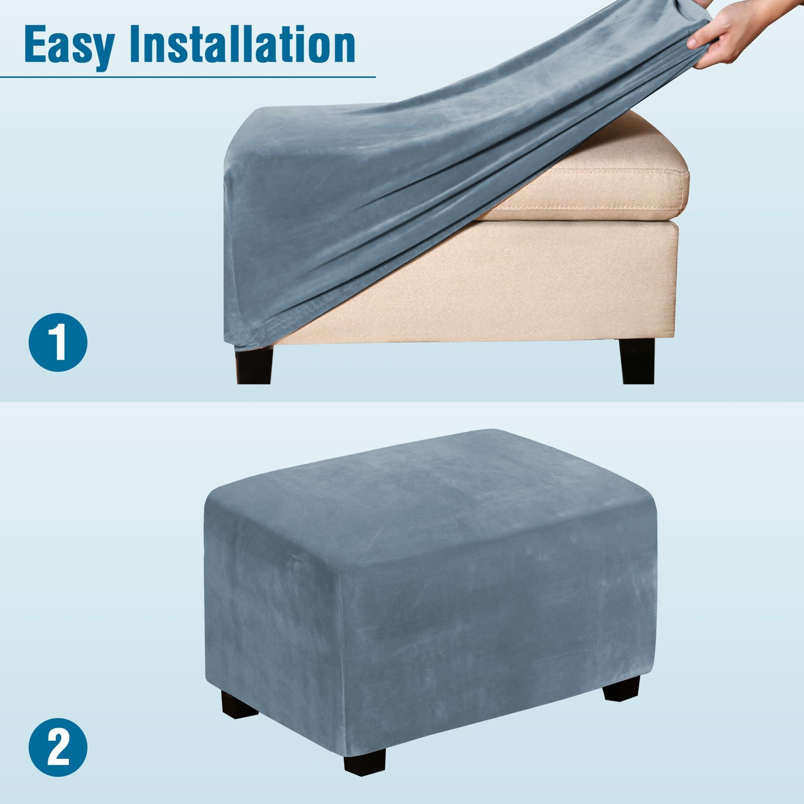 Stretch Rectangle  of Foot Stool for Living Room, Folding Storage Furniture Protector with Elastic Bottom, Machine Washable(Gray Blue, L) - Image 4