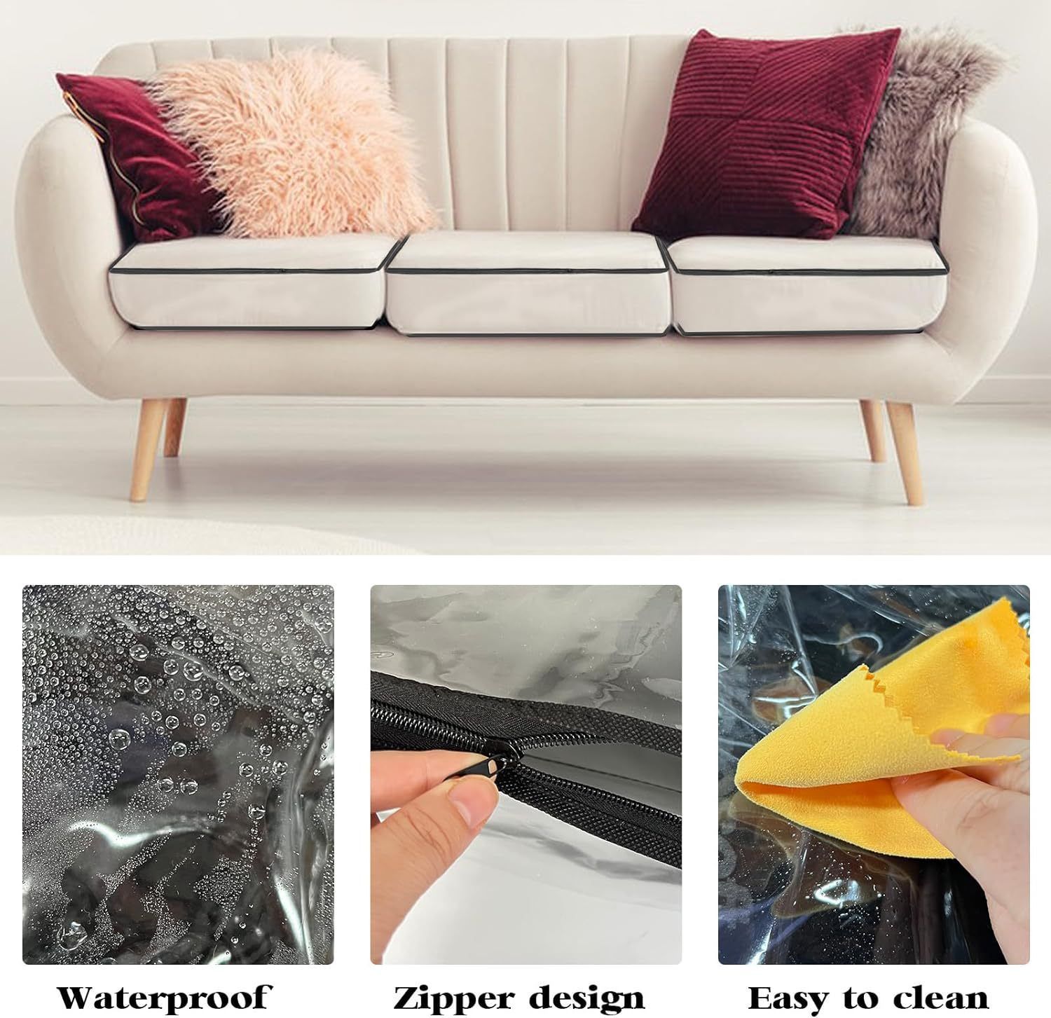 4 Pcs Plastic Sofa Seat Cushion Covers - Clear PVC Waterproof Couch Slipcover Against Cat Dog Clawing Scratching, 29.5*29.5*8.3 Inch, Black Edge - Image 3