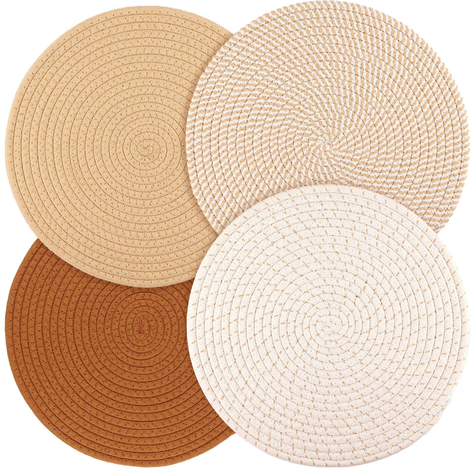 Round Woven Placemats Set of 4, 7.08 Inches Kitchen Table Place Mats for Dining Table, Trivets for Hot Pots and Pans, Boho Table Setting Decor, Fall Decorations for Home (Brown) - Image 1