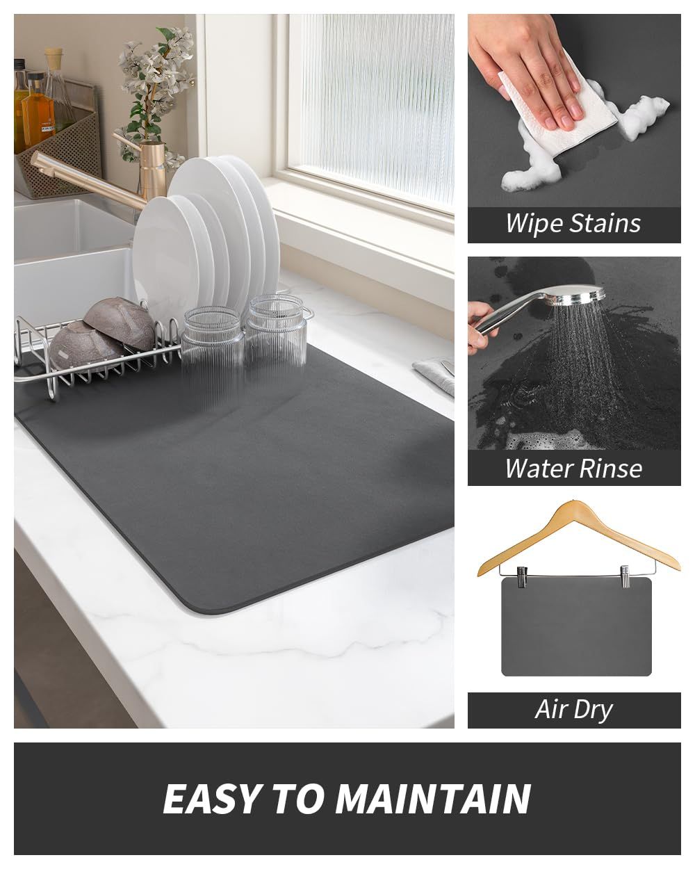 Coffee pad with hidden stains, rubber backing, absorbent tableware drying pad, suitable for kitchen countertops, coffee pots, coffee machines, and bowl racks (30.5 * 51cm) - Image 2