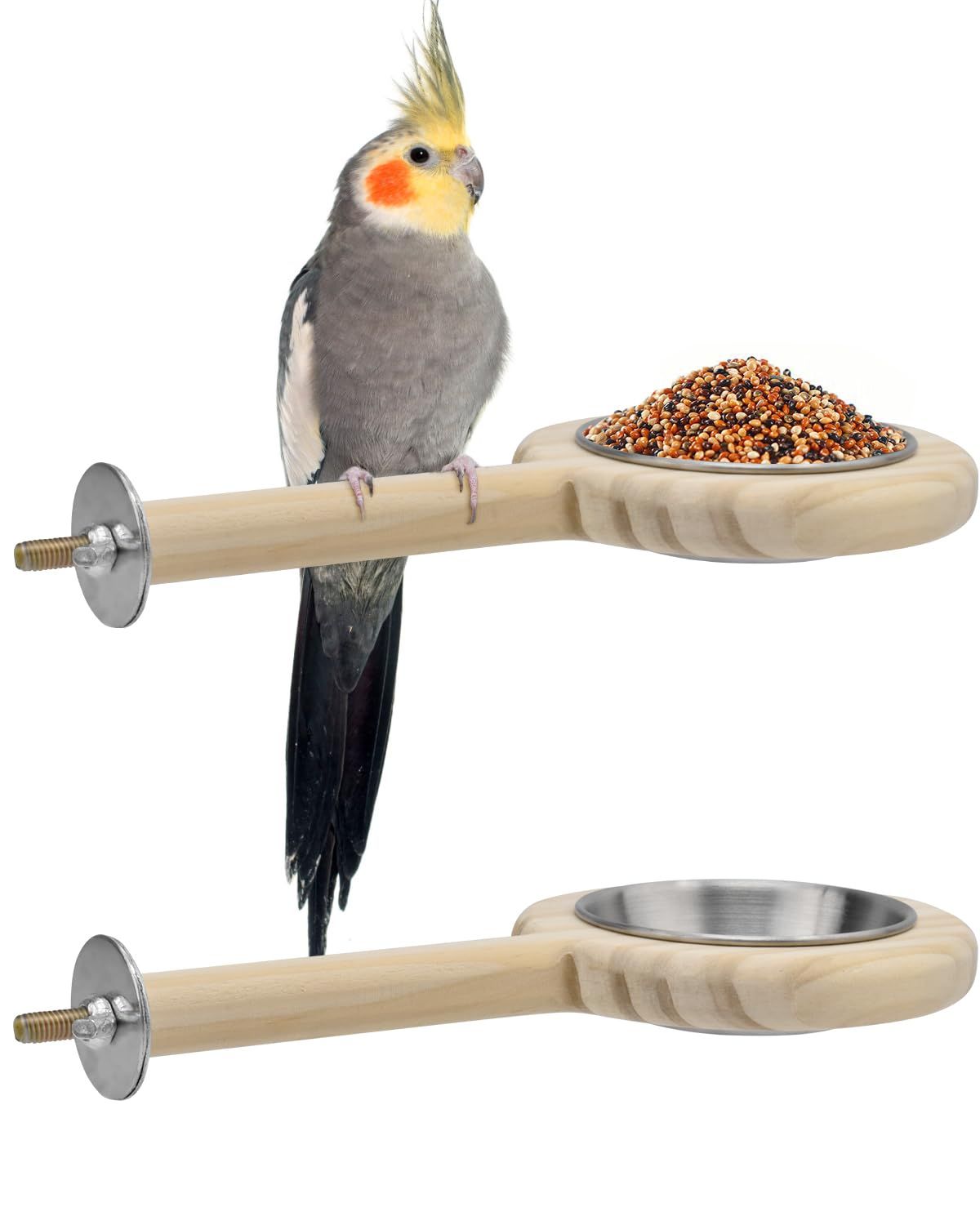 Bird Perch Feeding Cup Birds Platform Parrot Wood Perch Stand Toy Cage Accessory for Parakeet Lovebird Cockatiel Small Parrots (Pack of 2) - Image 1