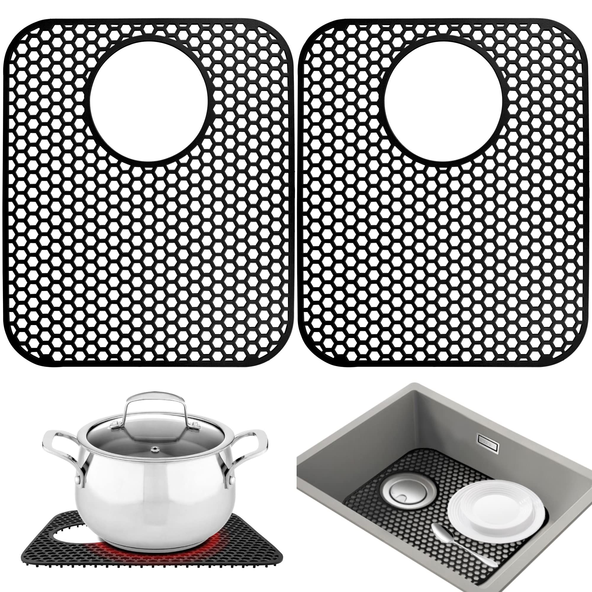 Kitchen Sink Mats, 2PCS Non-Slip Heat Resistant Silicone Sink Protector Mat, Folding Farmhouse Rear Drain Sink Mats (Type2: Side Drain, Black) - Image 1