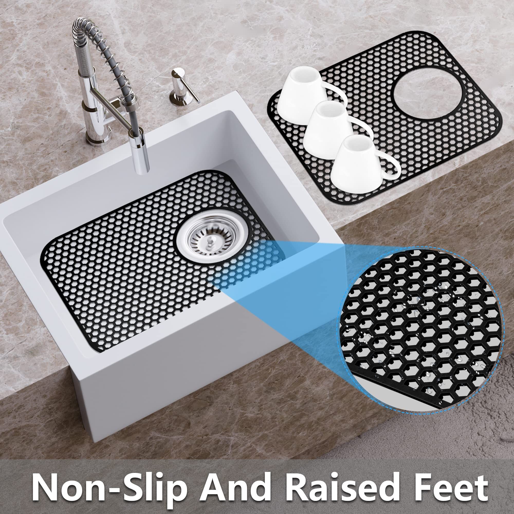 Kitchen Sink Mats, 2PCS Non-Slip Heat Resistant Silicone Sink Protector Mat, Folding Farmhouse Rear Drain Sink Mats (Type2: Side Drain, Black) - Image 2