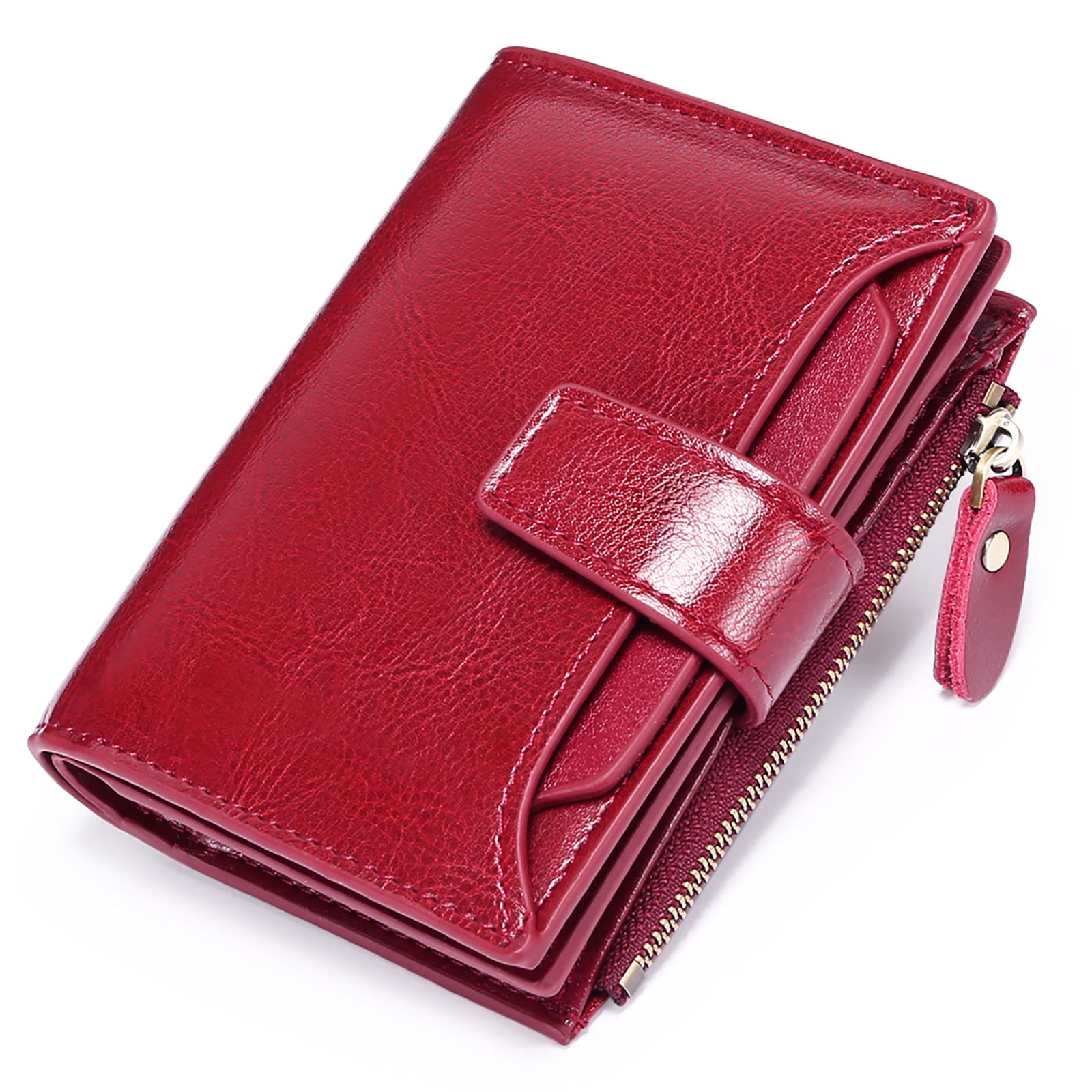 Women's Small Leather Blocking Bifold Zipper Pocket Wallet Ladies Credit Card Slots Purse, Pocket Wallet Card Case Purse with ID Window (red) - Image 2