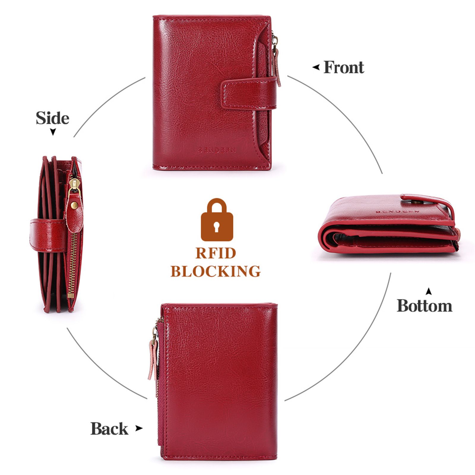 Women's Small Leather Blocking Bifold Zipper Pocket Wallet Ladies Credit Card Slots Purse, Pocket Wallet Card Case Purse with ID Window (red) - Image 3