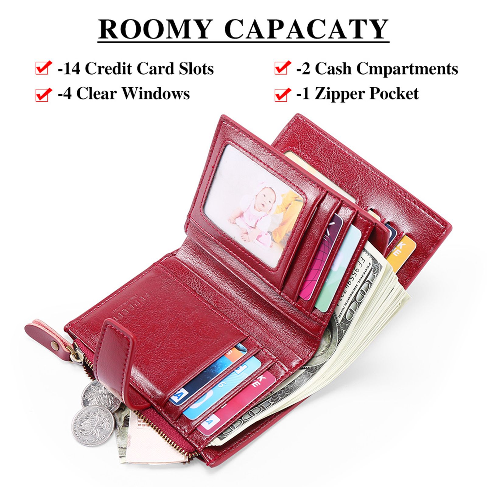 Women's Small Leather Blocking Bifold Zipper Pocket Wallet Ladies Credit Card Slots Purse, Pocket Wallet Card Case Purse with ID Window (red) - Image 5