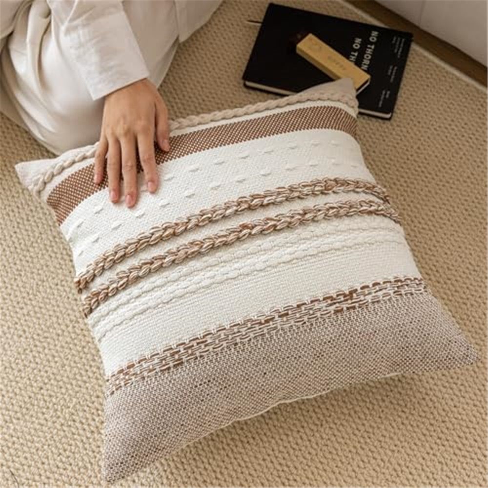 Set of 2 Neutral Decorative Throw Pillow Cover 18x18 Inch for Couch Bed Sofa, Aesthetic Modern Organic Farmhouse Home Decor, Soft Cute Accent Woven Cushion（Only pillowcase） - Image 3