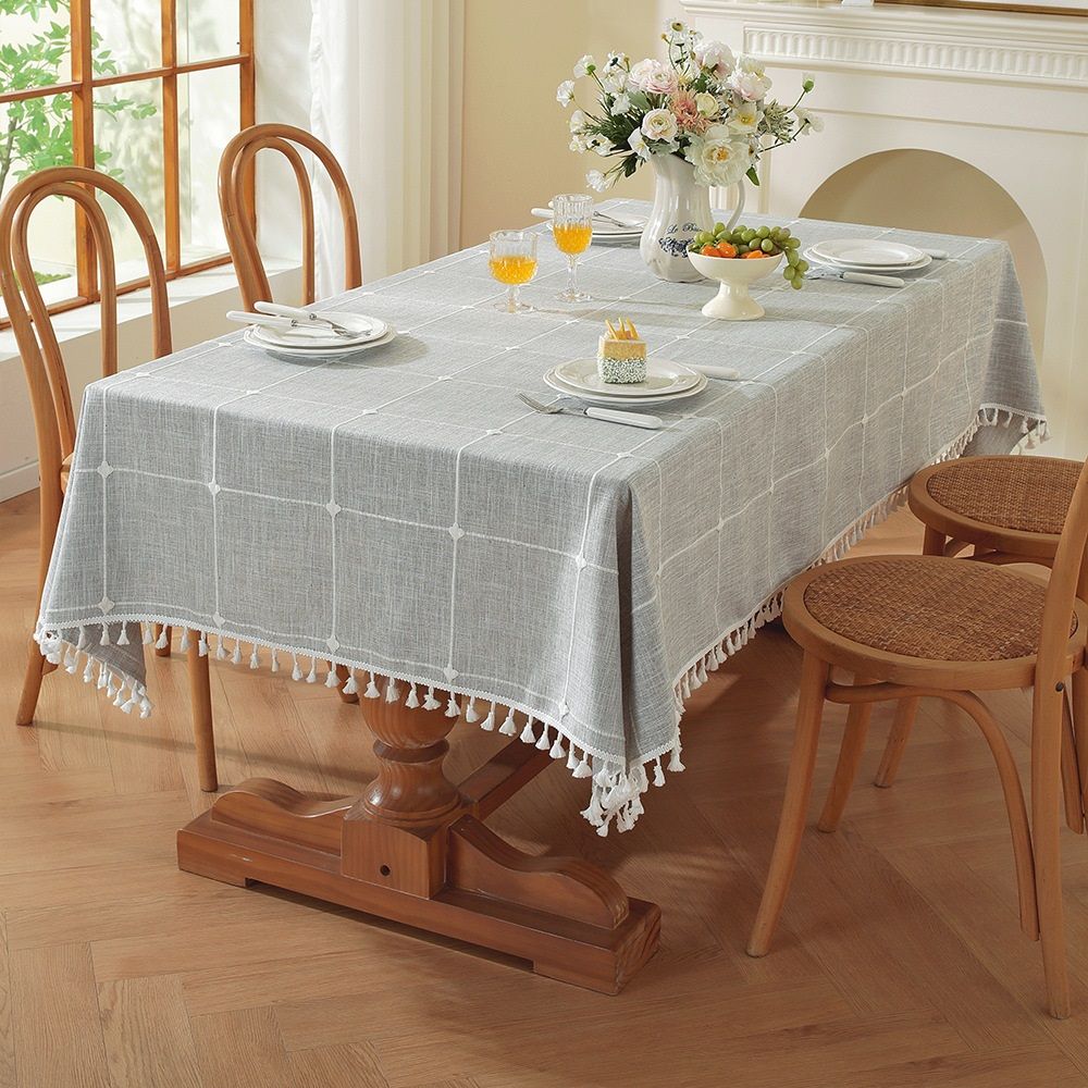 Rectangle Table Cloth, Heavy Duty Cotton Linen Waterproof Tablecloths Farmhouse Tablecloth, Soft and Wrinkle Free Table Cover with Tassels, 55''x70'', Grey - Image 1