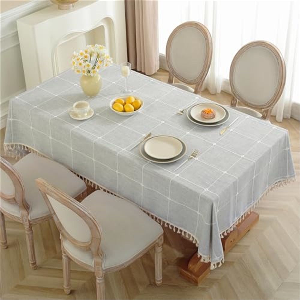 Rectangle Table Cloth, Heavy Duty Cotton Linen Waterproof Tablecloths Farmhouse Tablecloth, Soft and Wrinkle Free Table Cover with Tassels, 55''x70'', Grey - Image 3