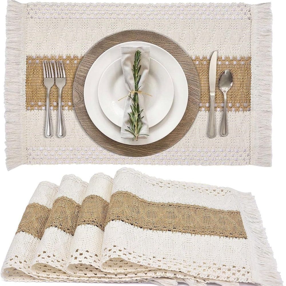 Placemats Set of 4, Table Decor and Farmhouse Style Placemats Cotton hemp , for Dining Table, Caramel - Image 1