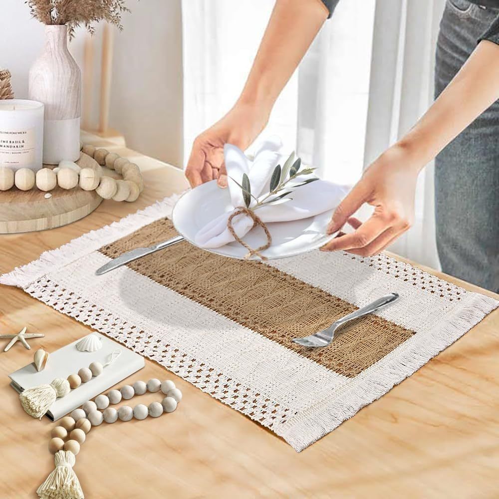 Placemats Set of 4, Table Decor and Farmhouse Style Placemats Cotton hemp , for Dining Table, Caramel - Image 3