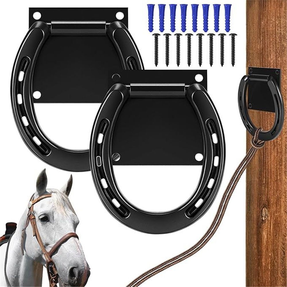 2 Set Tie Ring for Horses, Heavy-Duty Solid Steel, with Expansion Screws, 3 x 3 Inch, Horseshoe Cross Ties Down, Tack Barn Stable Supplies for Horse, Black - Image 1