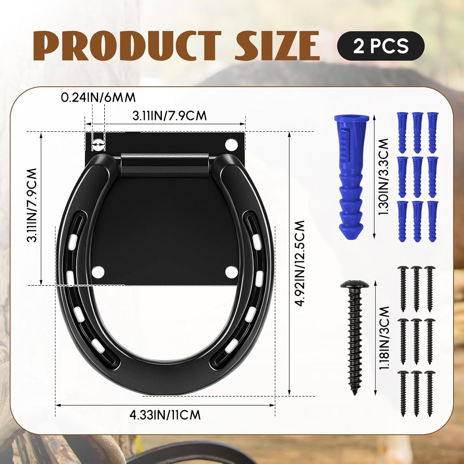 2 Set Tie Ring for Horses, Heavy-Duty Solid Steel, with Expansion Screws, 3 x 3 Inch, Horseshoe Cross Ties Down, Tack Barn Stable Supplies for Horse, Black - Image 2